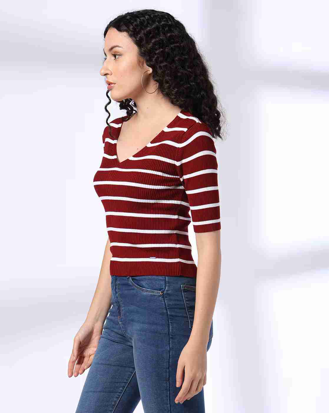 Lee Cooper | Women Striped Fitted V-Neck T-Shirt|1