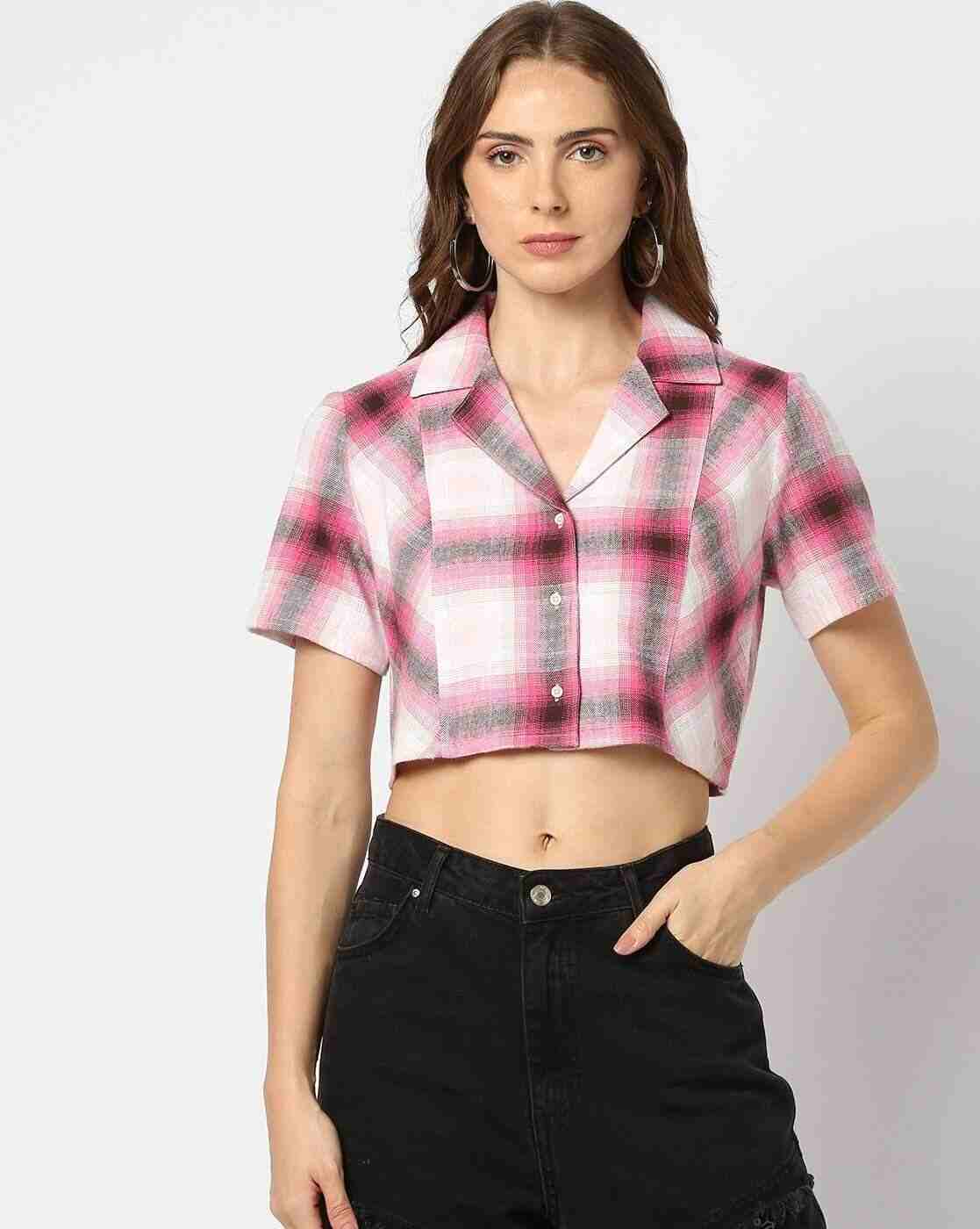 トップス Belvet Cropped checkered shirt pink Women Plaid Checked Boxy Fit Crop Shirt BELVET Cropped checkered
