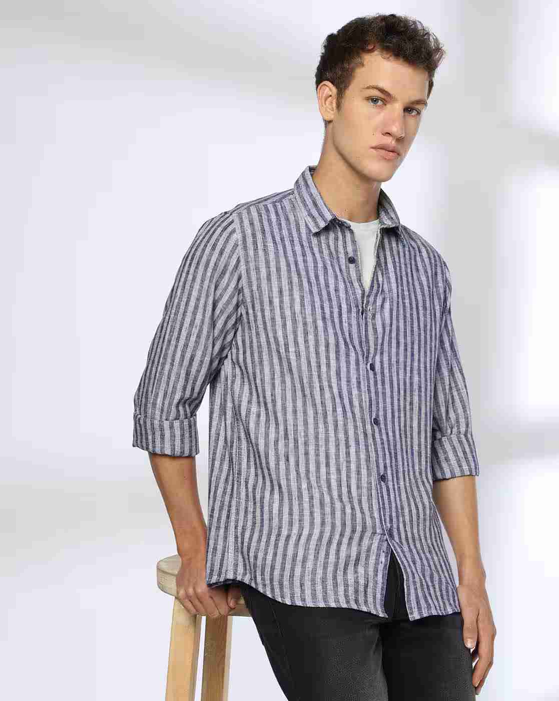 Lee Cooper | Men Striped Slim Fit Linen Shirt|0