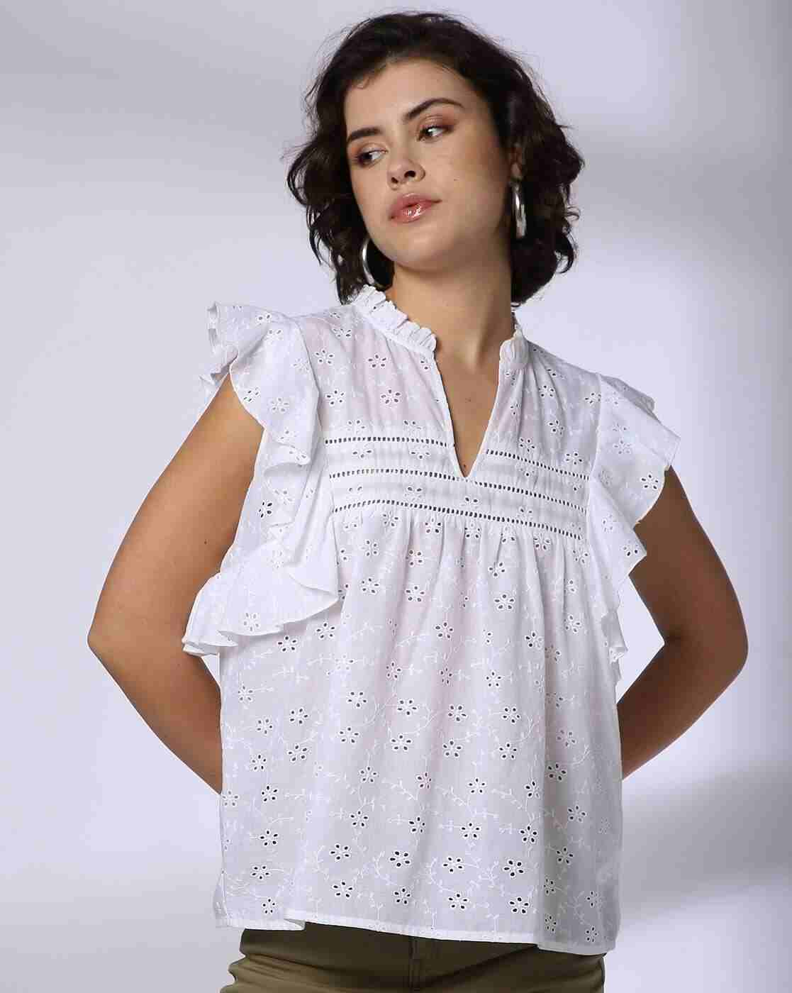 Schiffli blouse, white, xs
