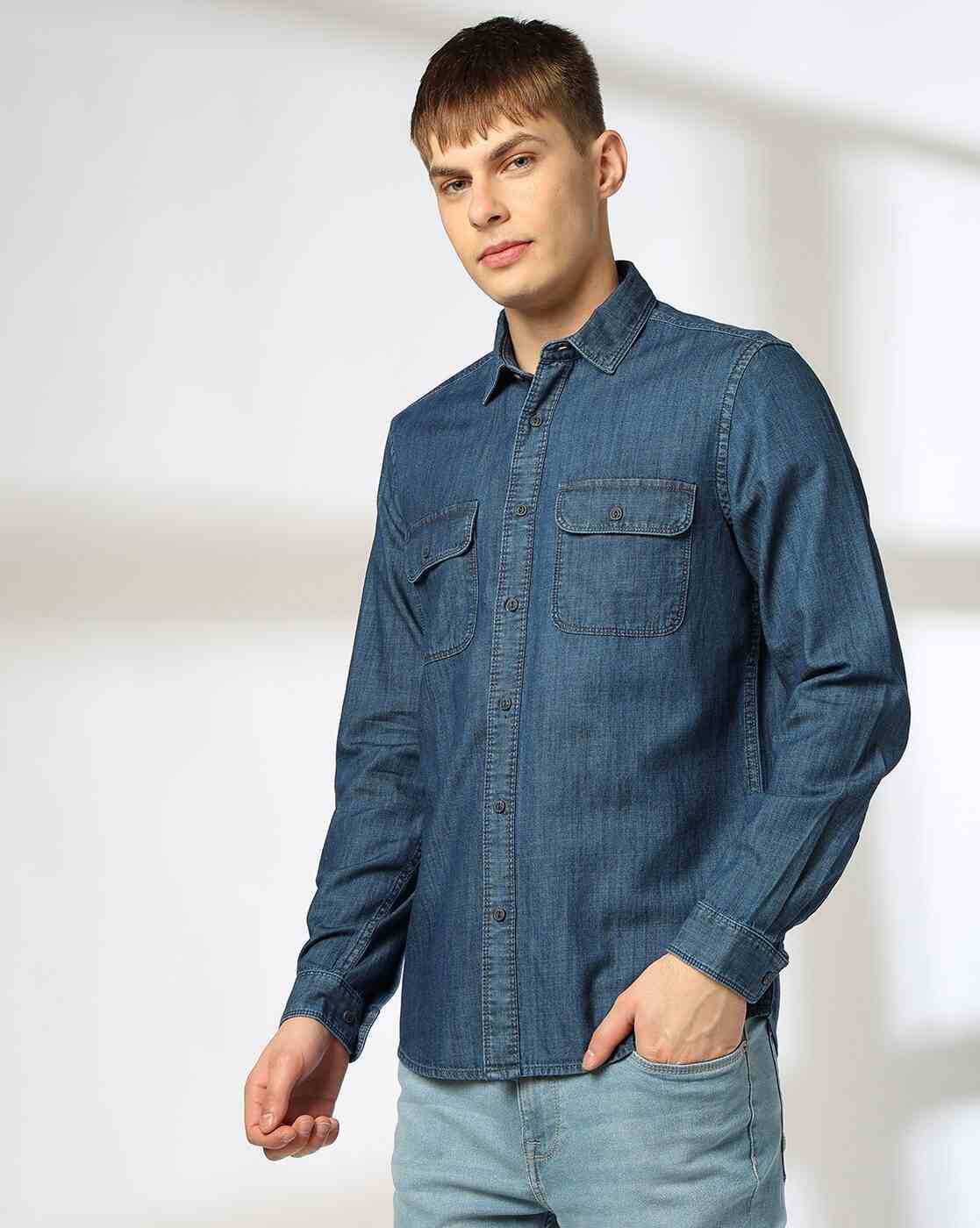 Lee Cooper | Men Regular Fit Denim Shirt with Patch Pocket|1
