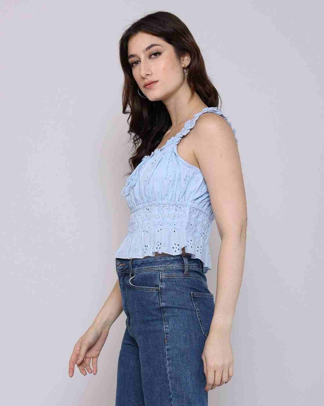 Lee Cooper | Schiffli top with smocking, blue, s|1