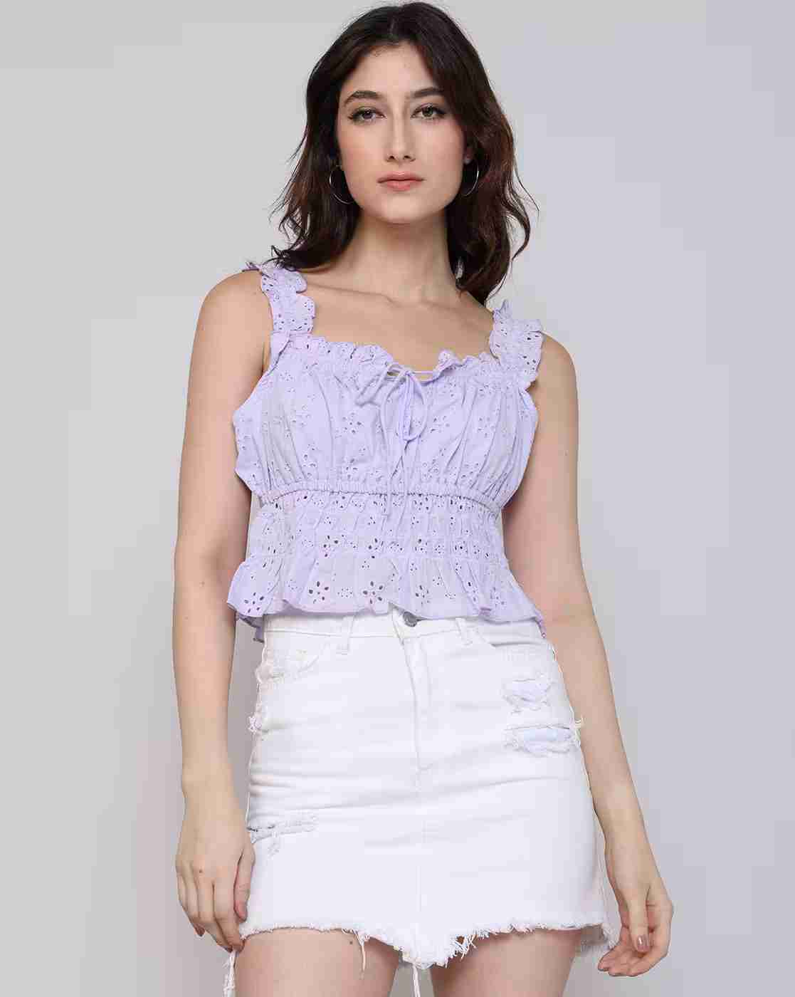 Schiffli top with smocking, lavender, s