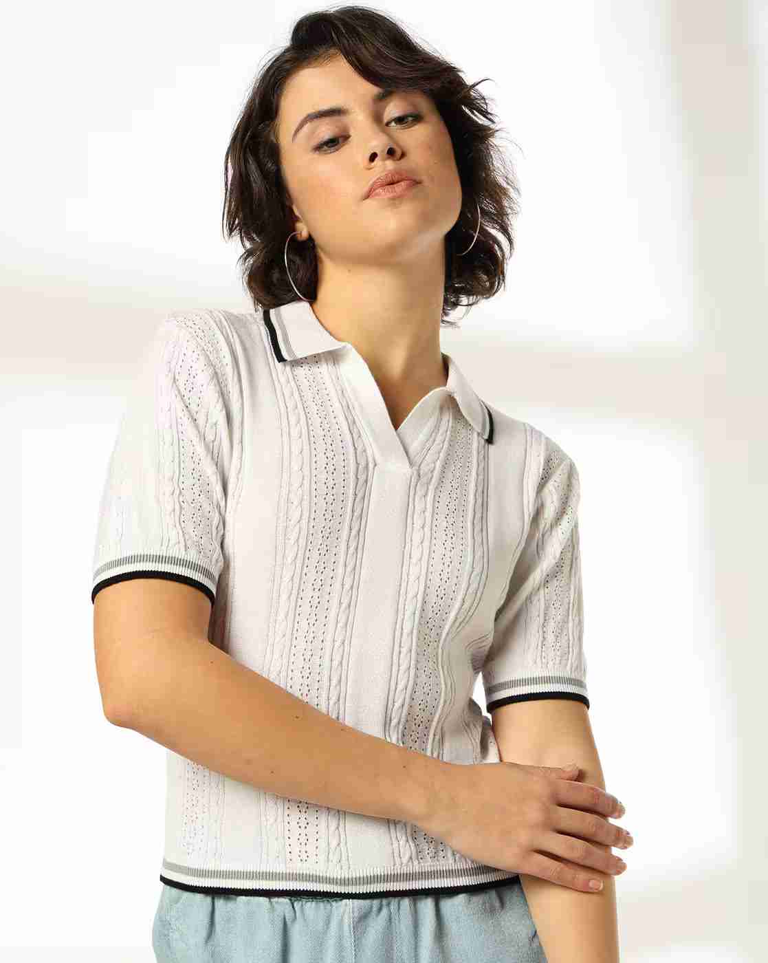 Women Self-Striped Regular Fit Polo T-Shirt