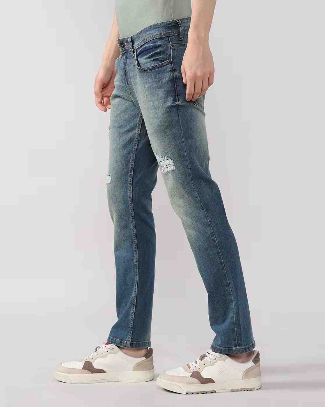 Lee Cooper | Men Lightly Washed Distressed Slim Fit Jeans|2