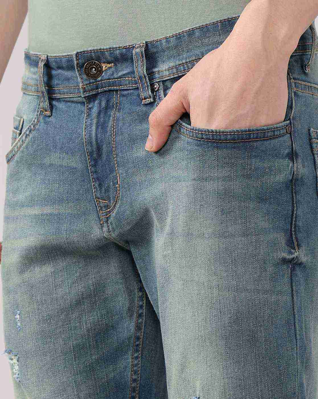 Lee Cooper | Men Lightly Washed Distressed Slim Fit Jeans|4