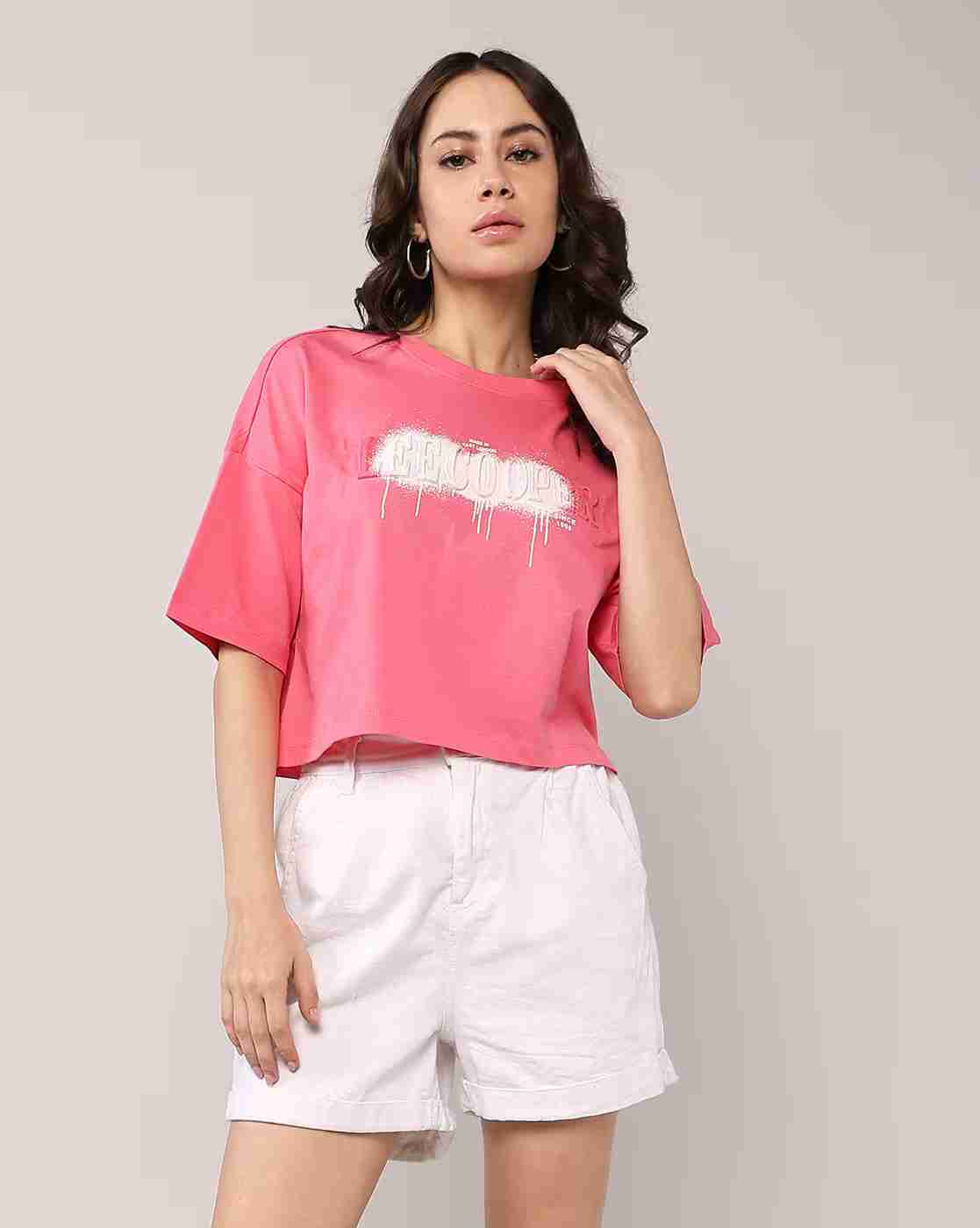 Women Embossed Brand Regular Fit Round-Neck T-Shirt