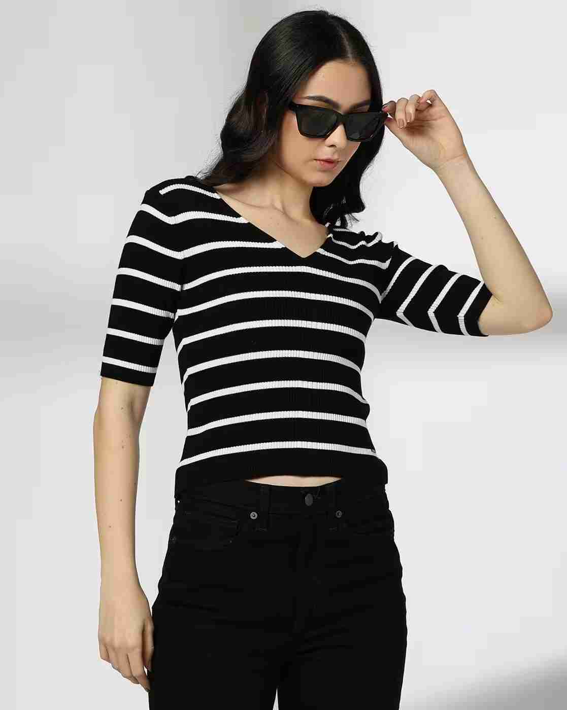Women Striped Regular Fit V-Neck T-Shirt