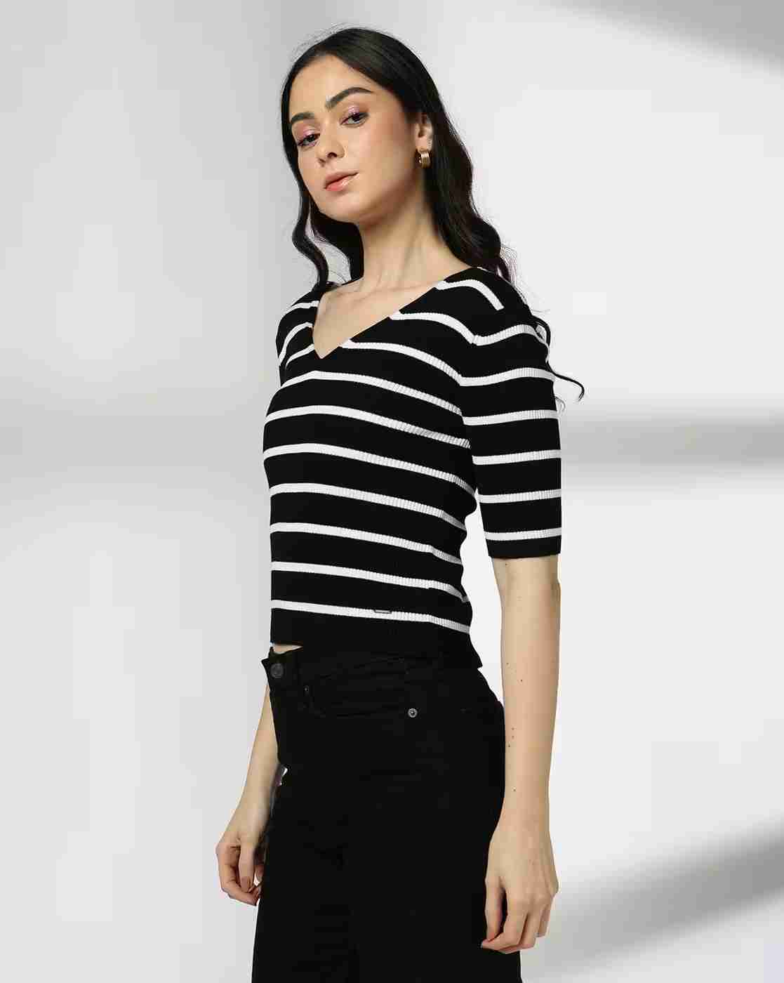 Lee Cooper | Women Striped Regular Fit V-Neck T-Shirt|1