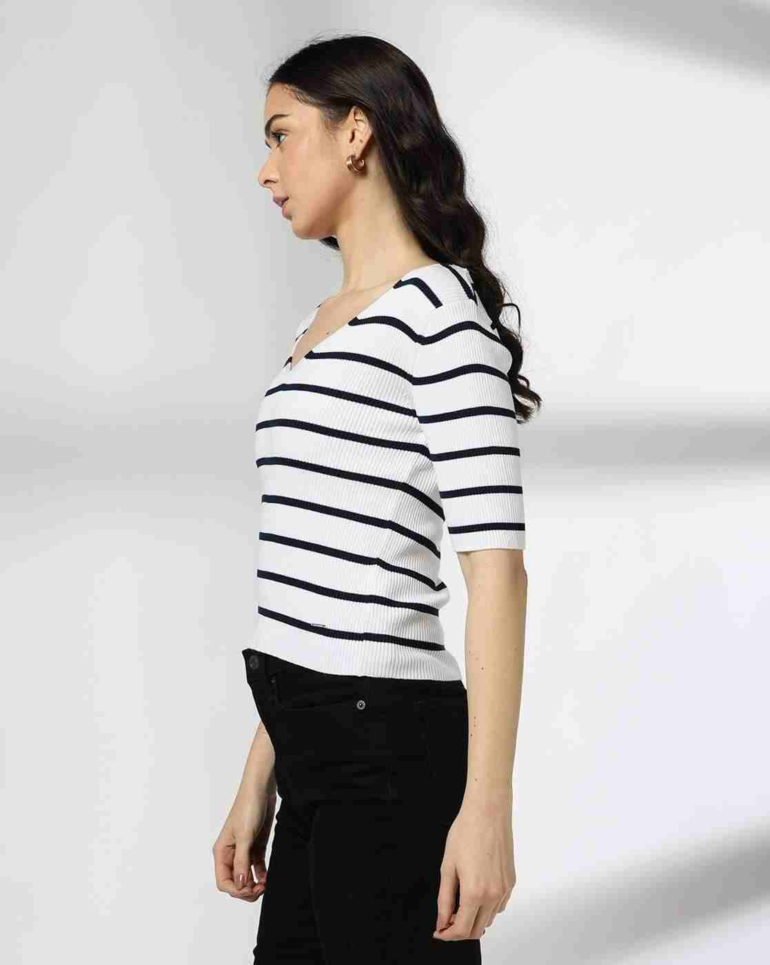 Lee Cooper | Women Striped Regular Fit V-Neck T-Shirt|1