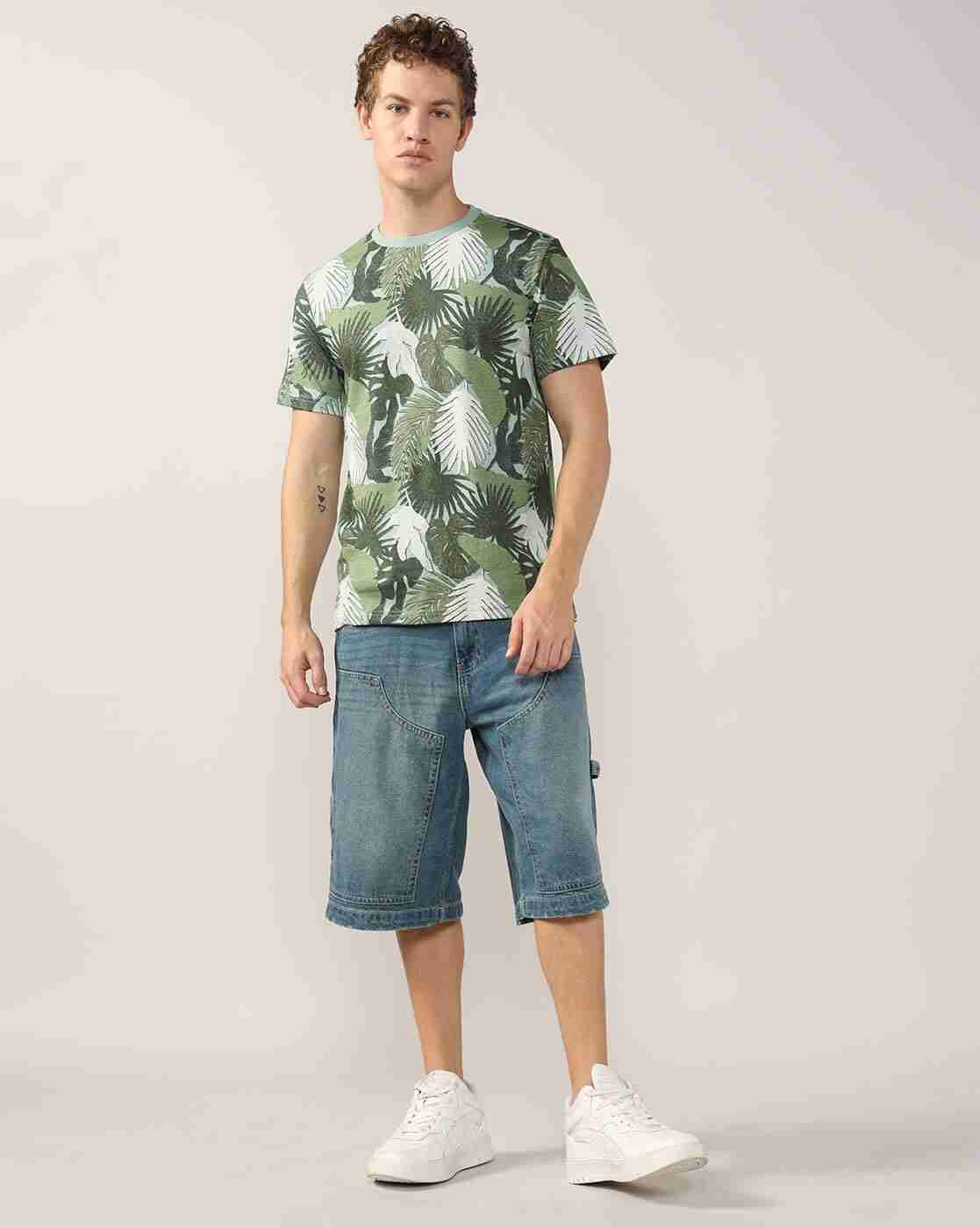 Men Leaf Print Relaxed Fit Crew-Neck T-Shirt