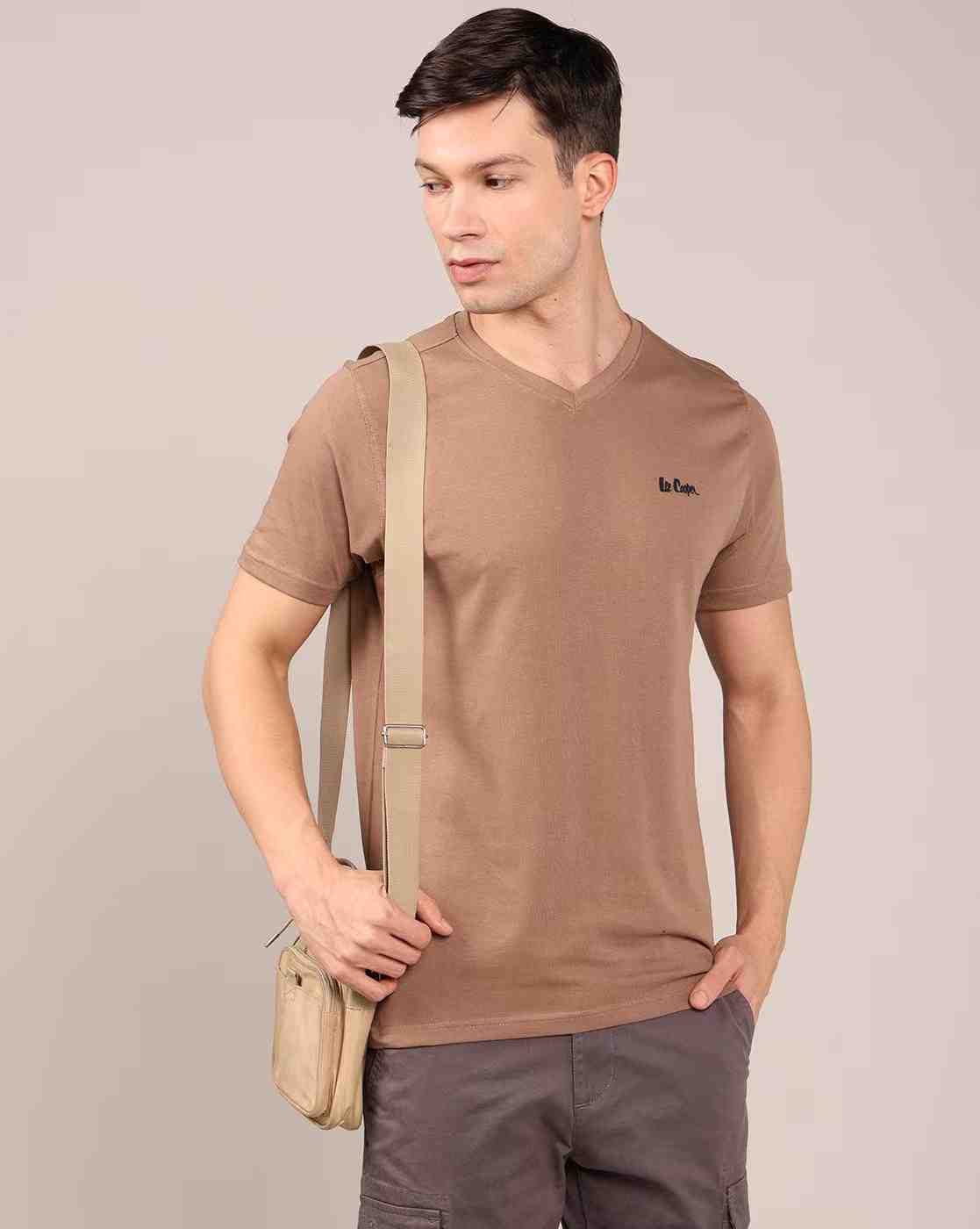 Men Regular Fit V-Neck T-Shirt with Brand Print