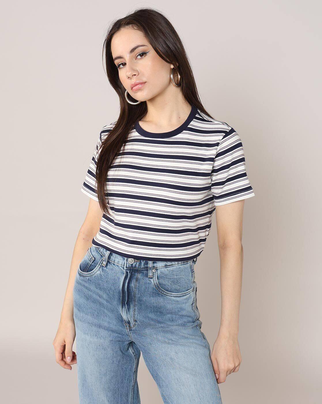 Lee Cooper | Women Striped Regular Fit Crew-Neck T-Shirt|0