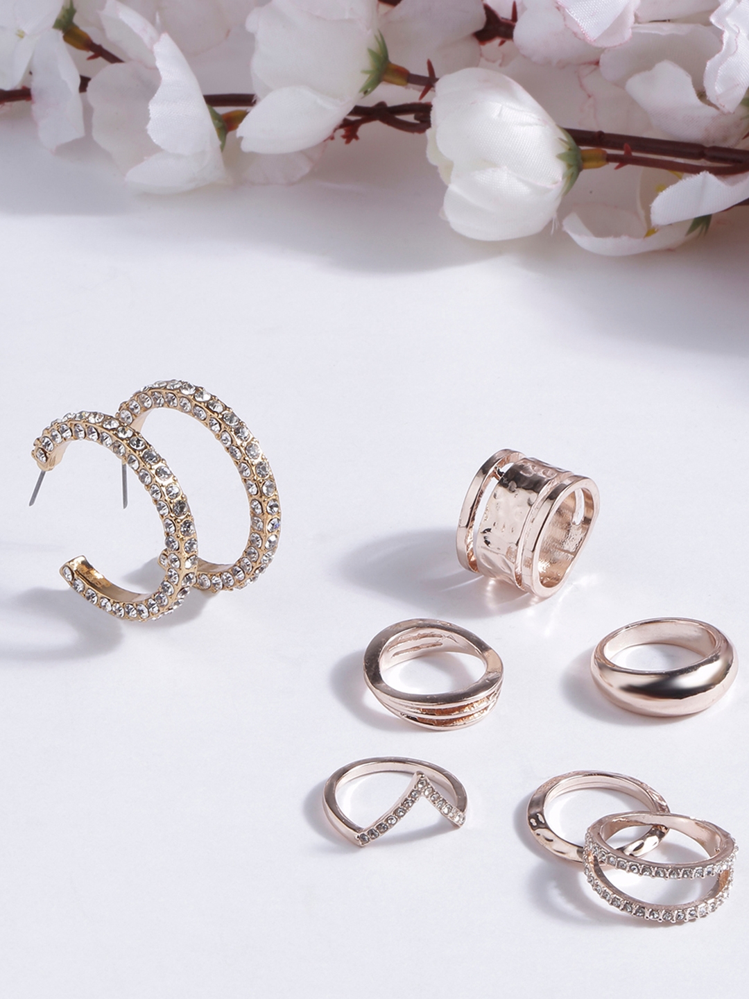 Lilly & sparkle | Lilly & Sparkle Combo Pack Of Set Of 6 Rose Gold Rings And Gold Toned Crystal Studded Hoop Earrings 0