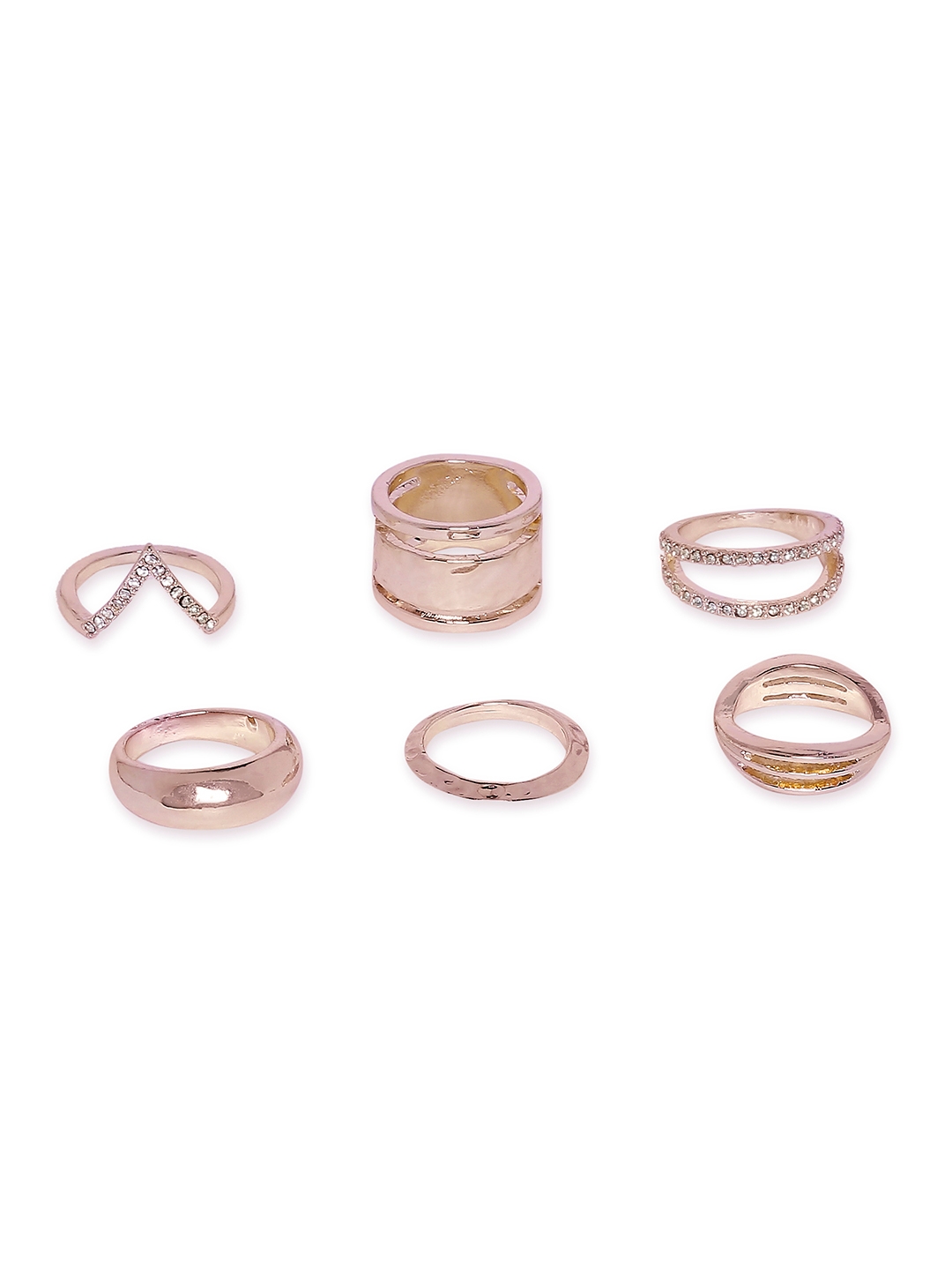 Lilly & sparkle | Lilly & Sparkle Combo Pack Of Set Of 6 Rose Gold Rings And Gold Toned Crystal Studded Hoop Earrings 3