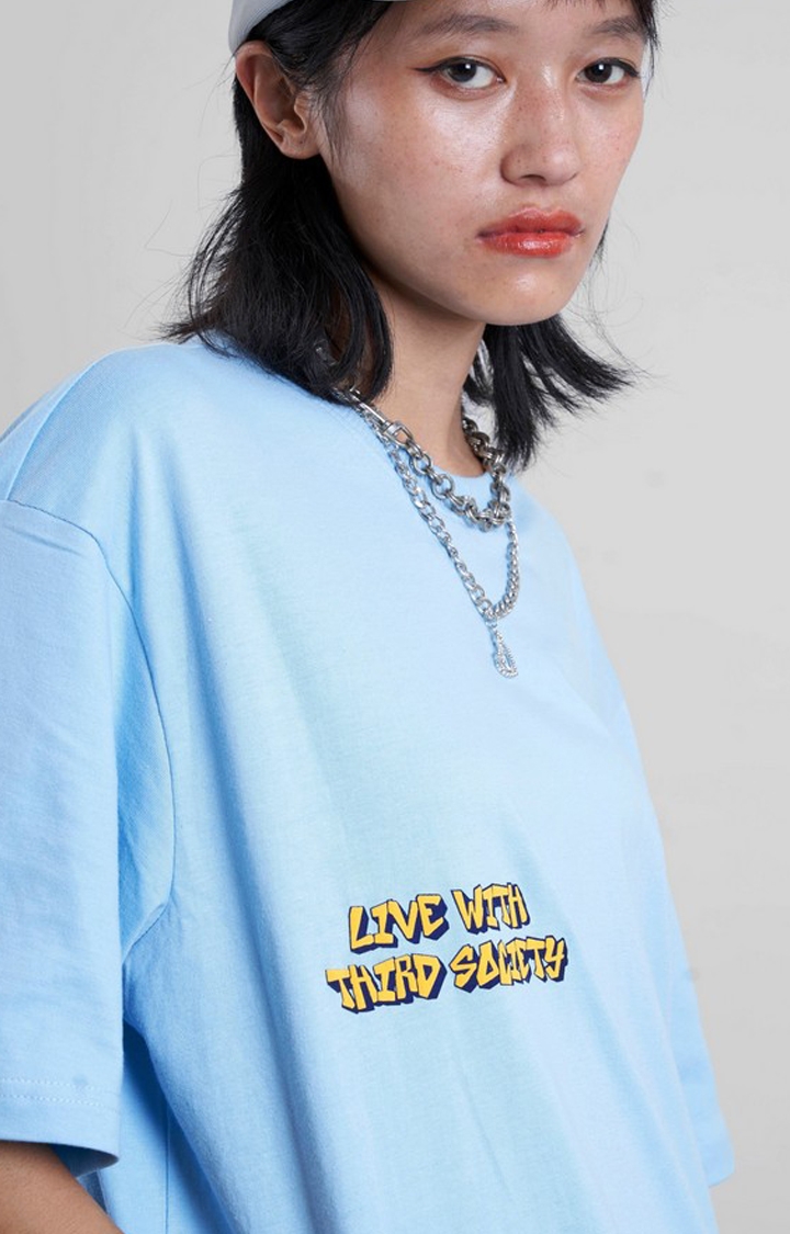 Unisex Live With Third Society Sky Blue Printed Oversized T-Shirt