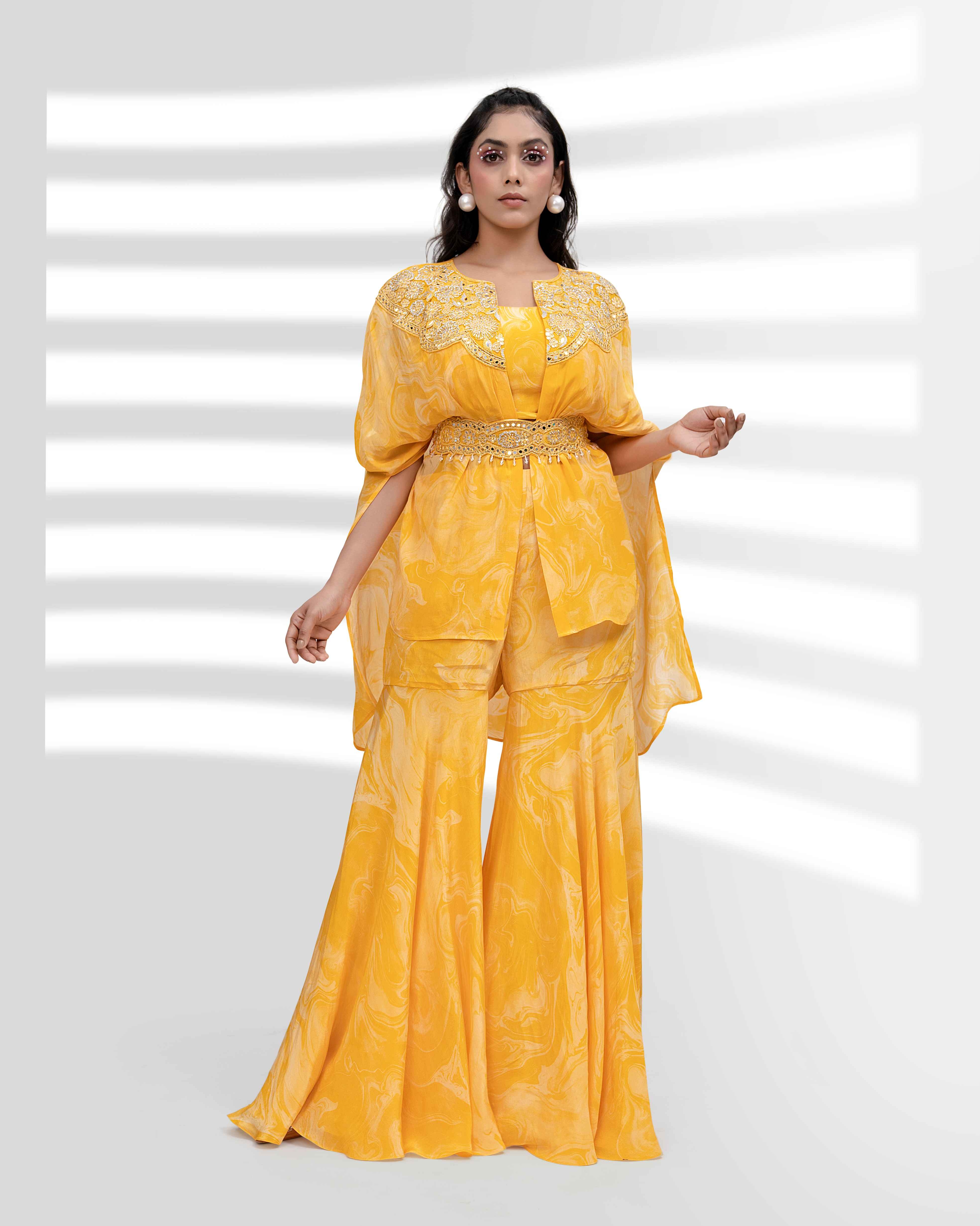 Yellow Embellished Cape Sharara with an Embroidered Belt