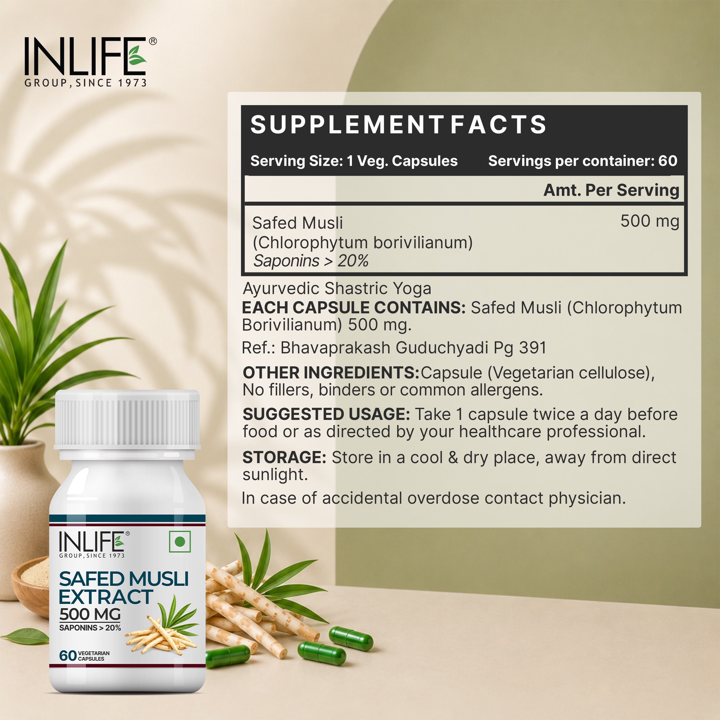 Inlife | Safed Musli Capsules 500mg | Natural Supplement for Strength, Stamina, and Immunity | 60 Veg Cap