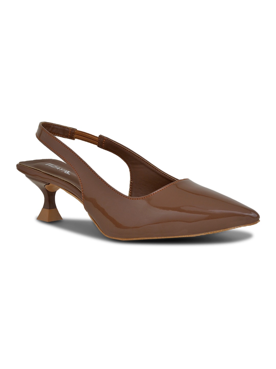 Patent Tan Pointed-Toe Slingback Heels