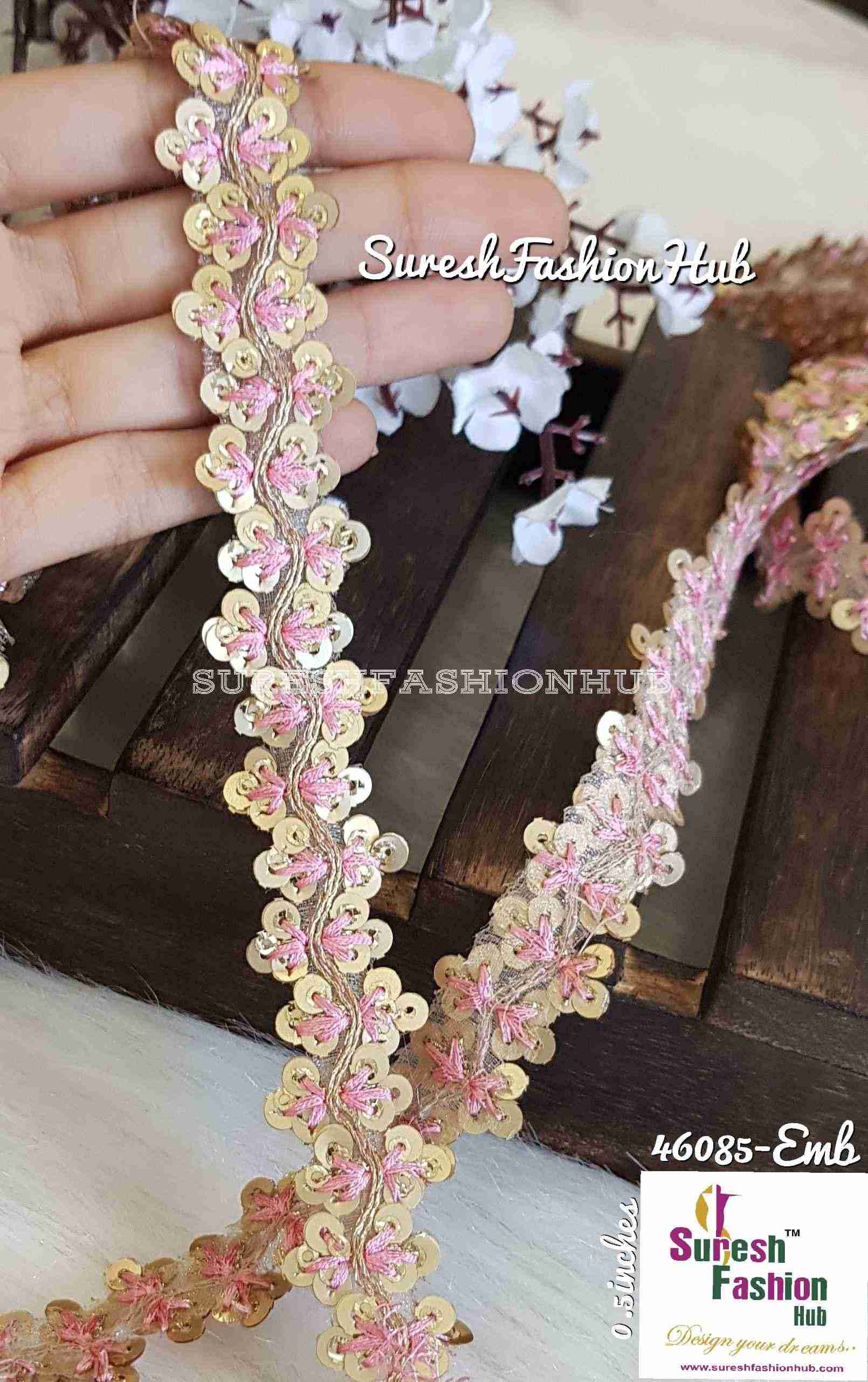 Sequence Pink Thread Embroidered Leaves Designer Trim