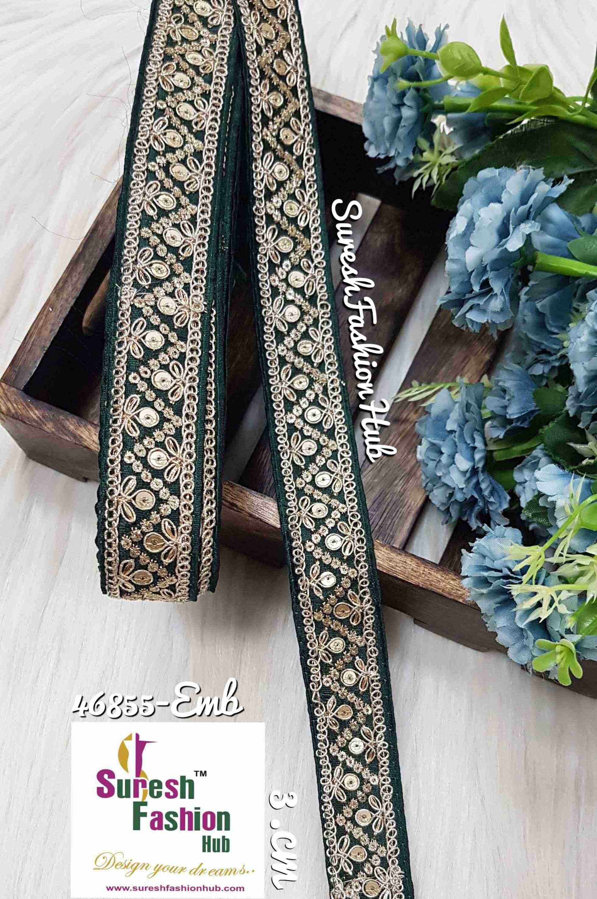 Golden Sequin With Zari Splendor Dark Green Borders Laces