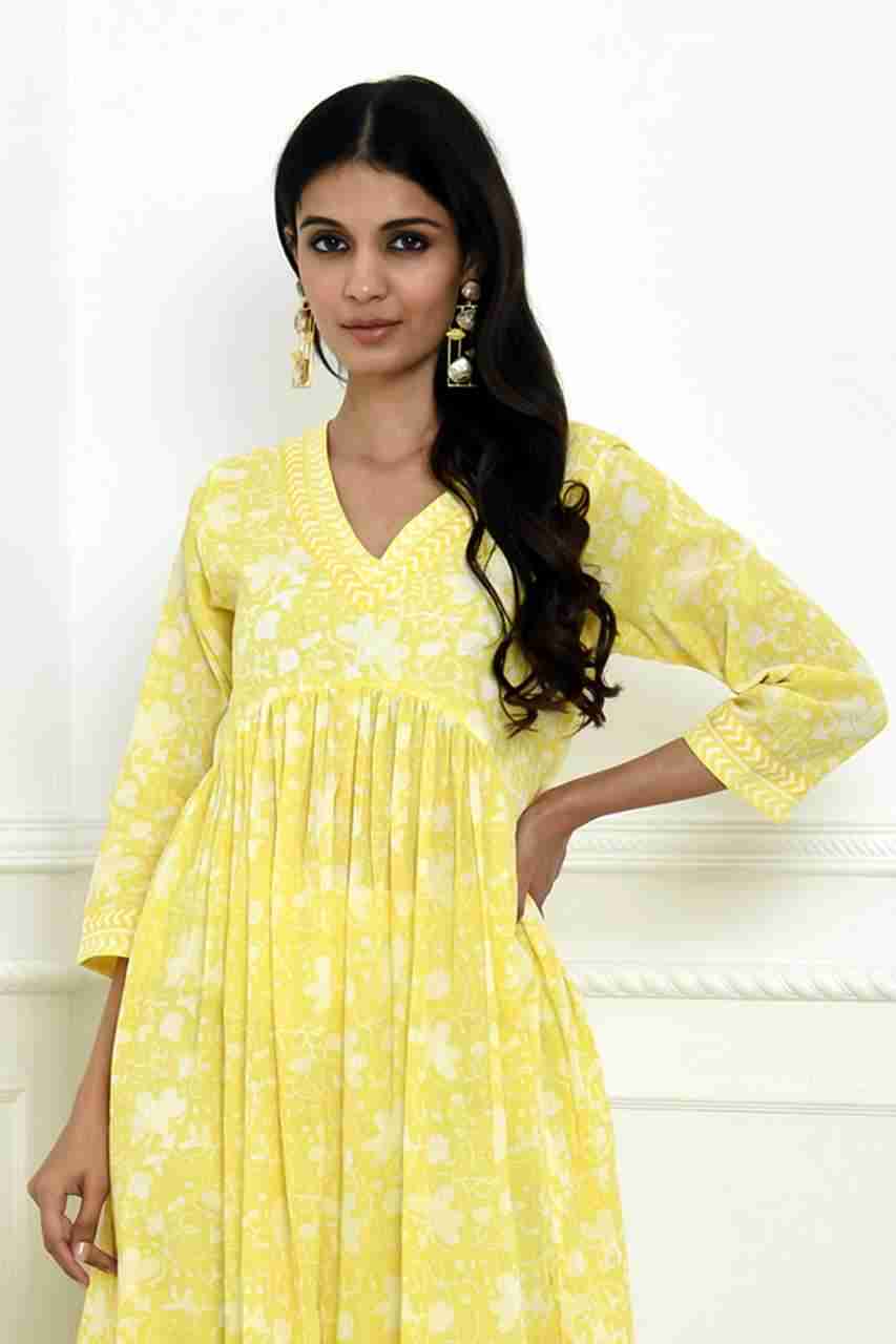Naksh Yellow Block Printed V-Neck Gathered Kurta