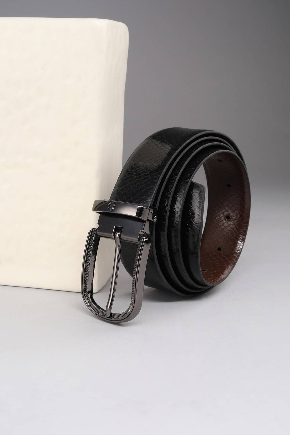 Men Black Textured Leather Formal Belt