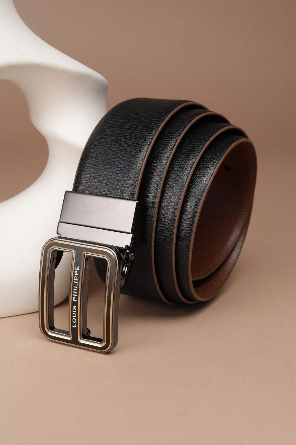 Men Black Textured Leather Formal Belt