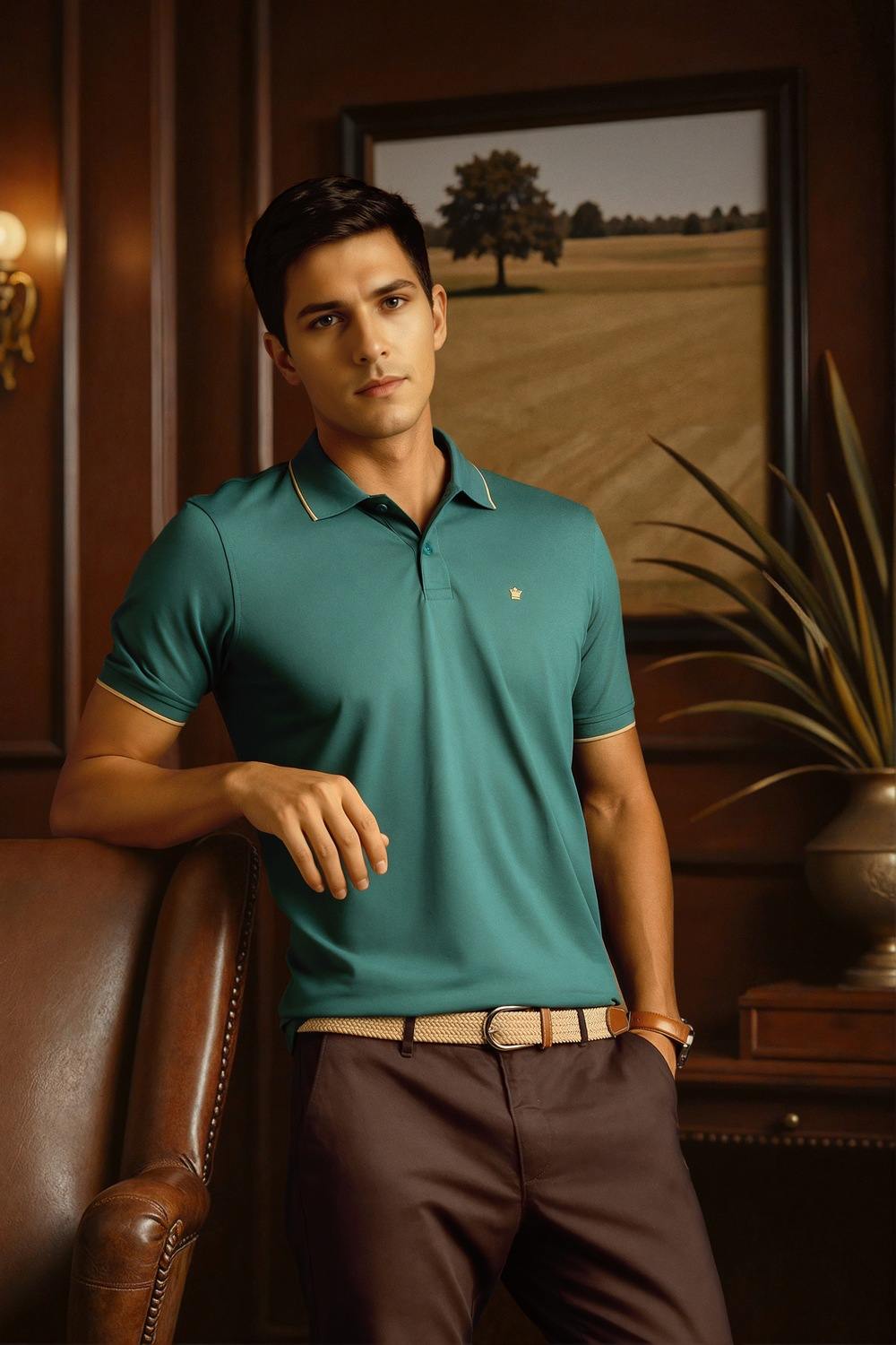 Men Green Solid Polo Neck T-shirt