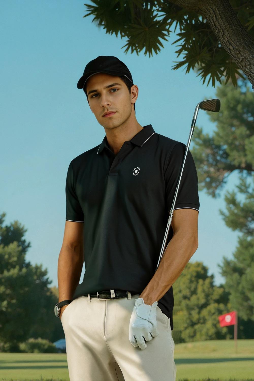 Men Black Solid Polo Neck T-shirt