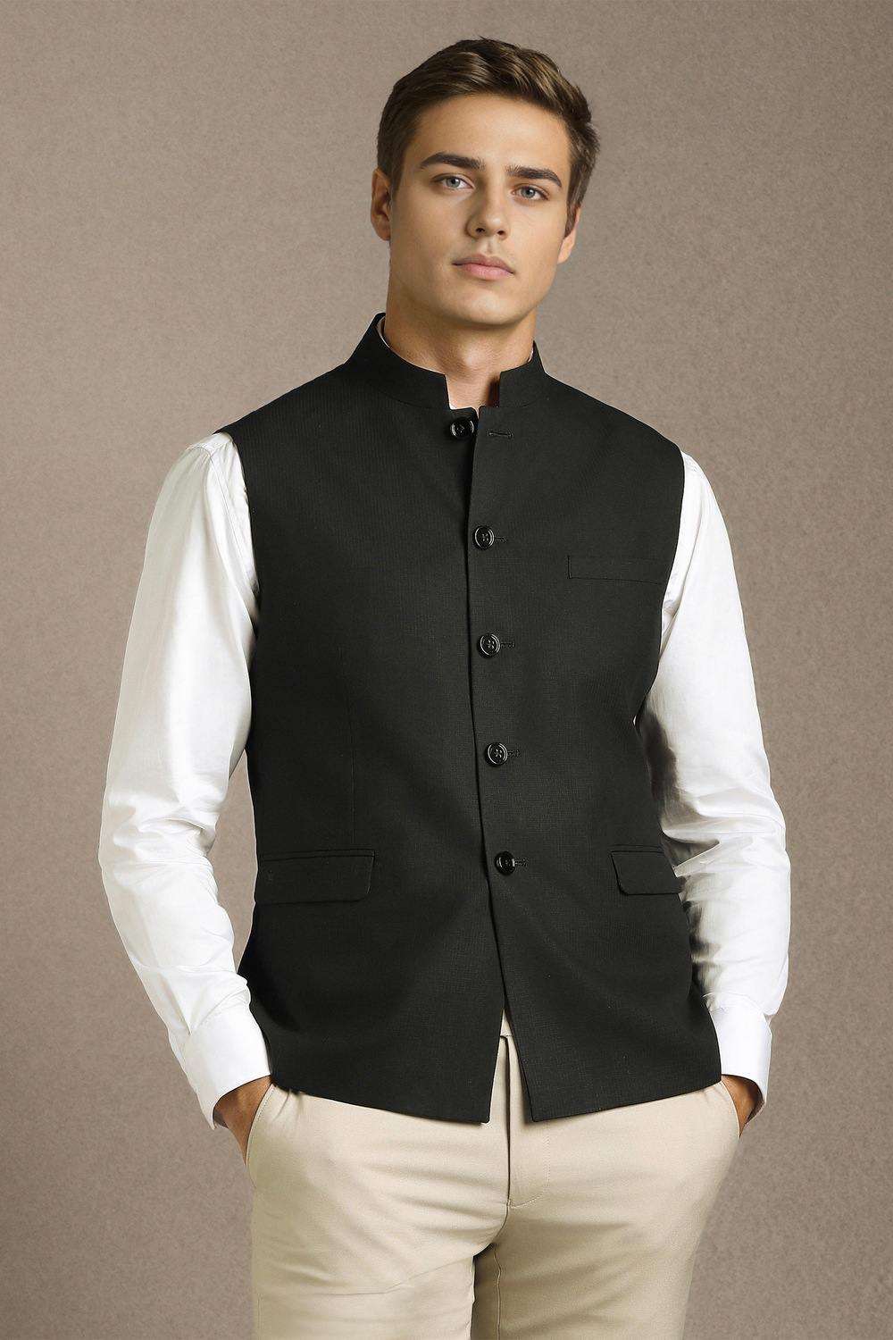 Men Black Textured Casual Nehru Jacket