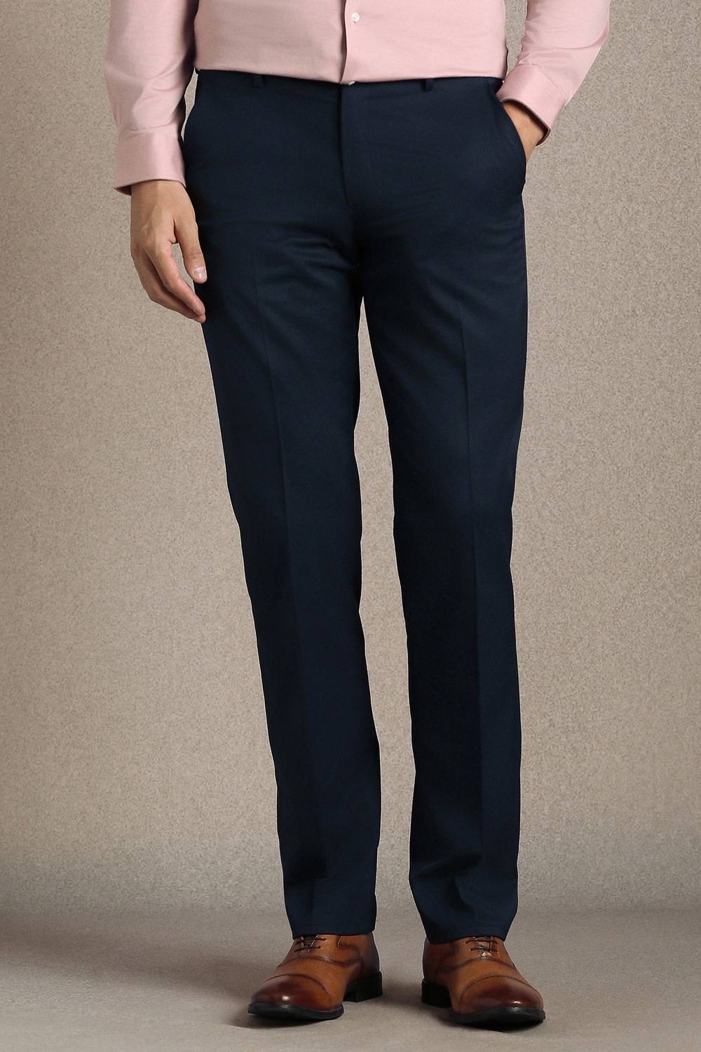 Men Navy Solid Flat Front Formal Trousers