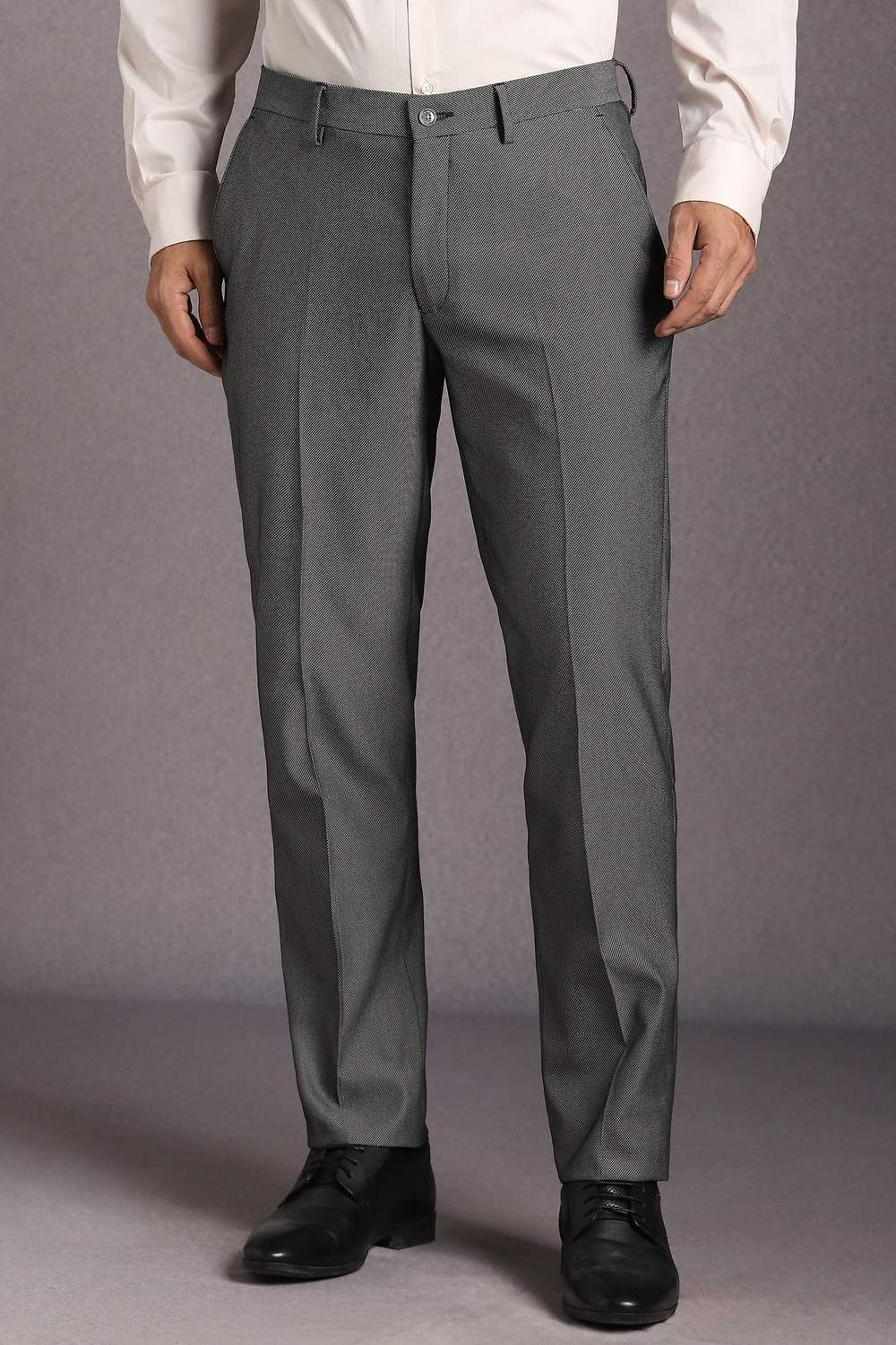Men Grey Textured Flat Front Formal Trousers