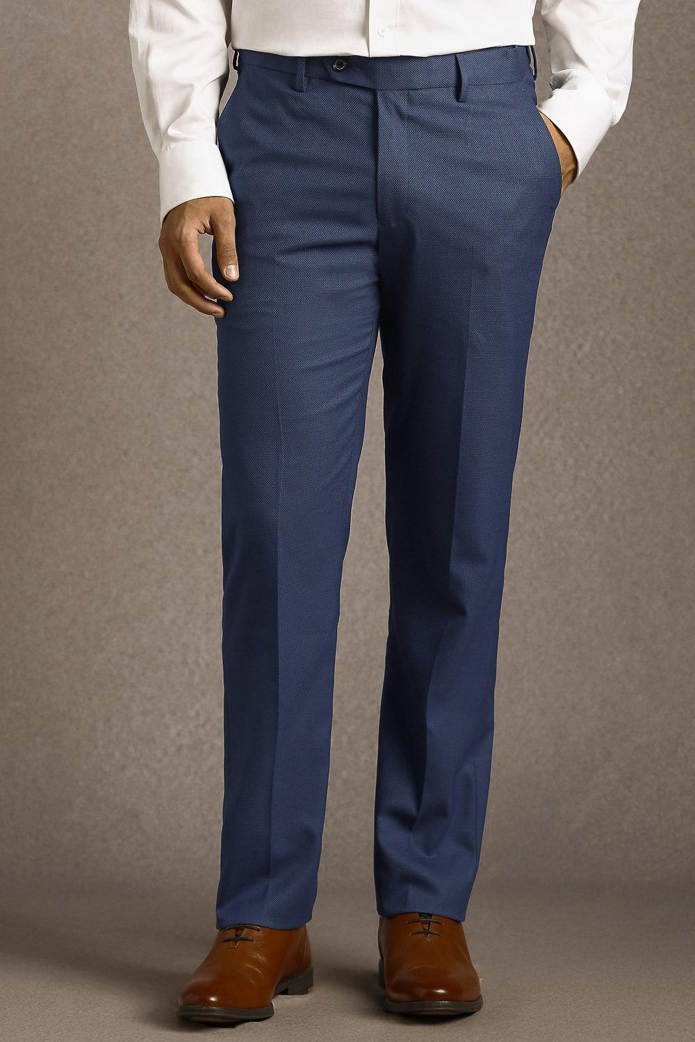 Men Navy Textured Flat Front Formal Trousers