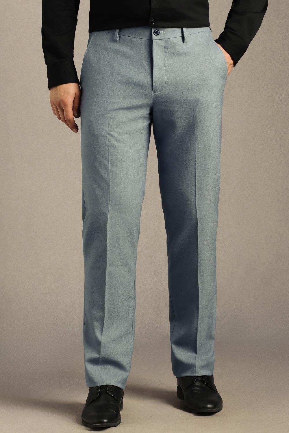 Men Light Blue Solid Flat Front Formal Trousers