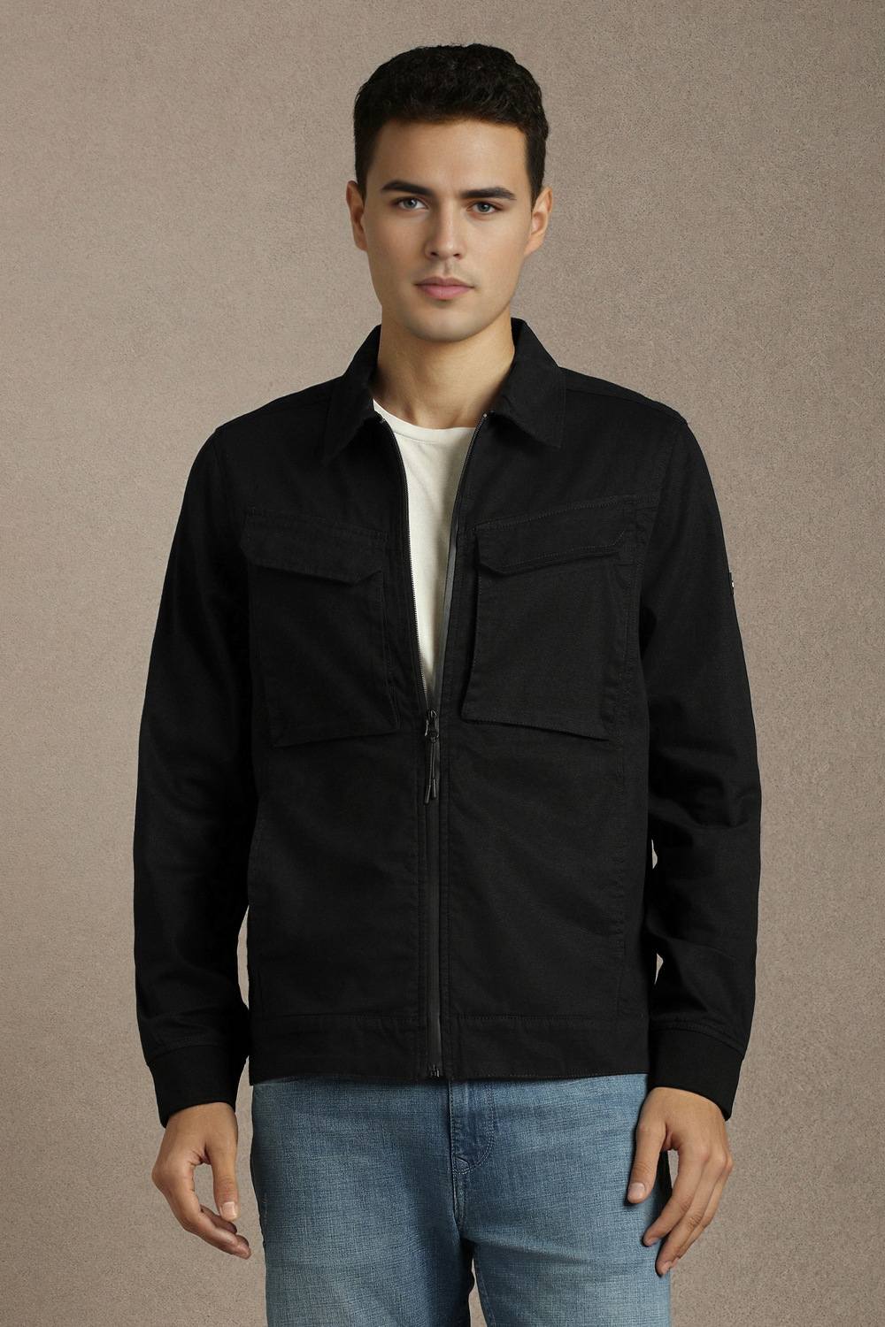 Men Casual Black Solid Jacket
