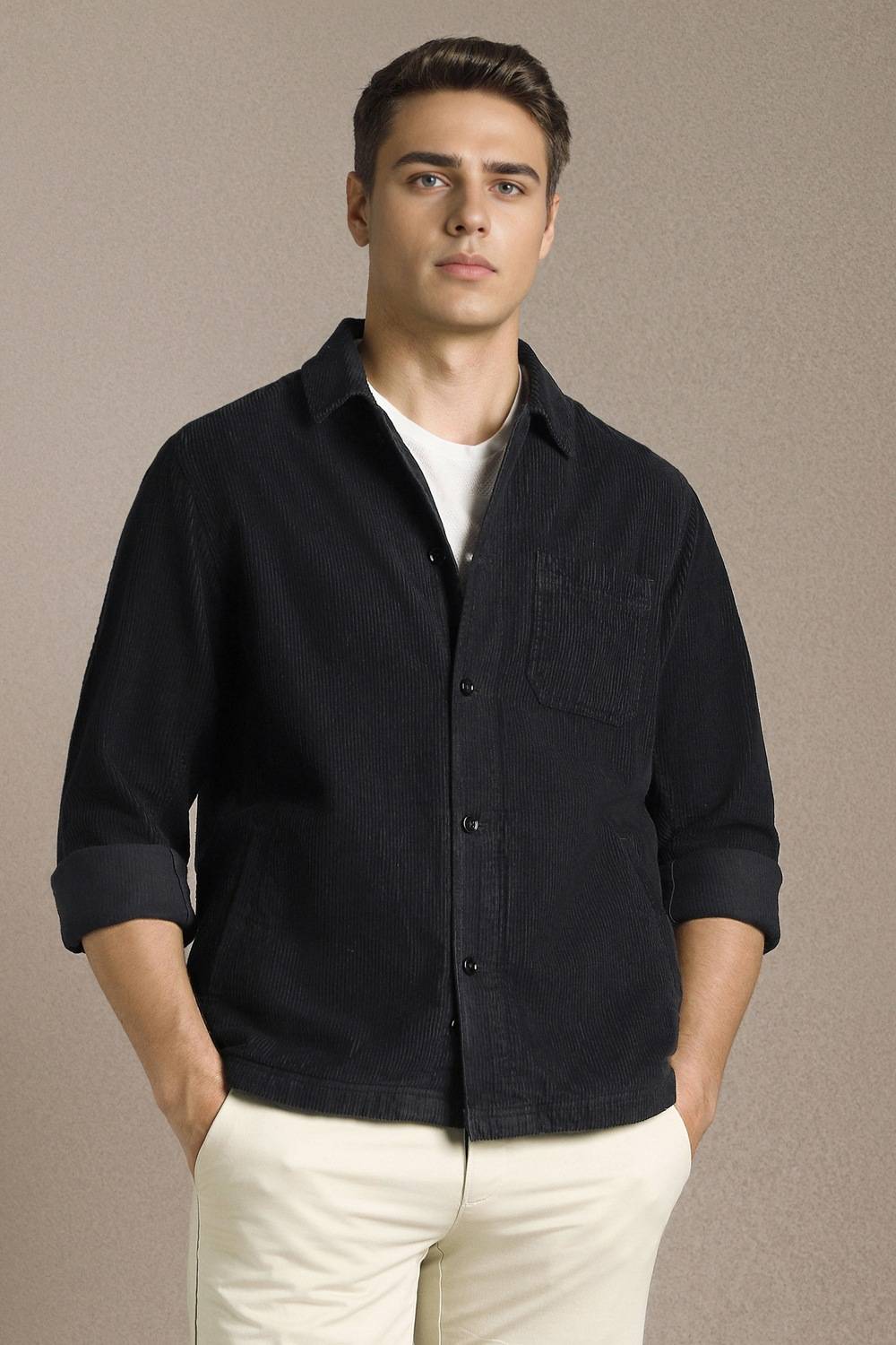 Men Casual Black Textured Shacket