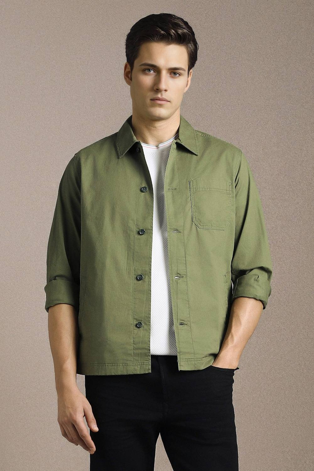 Men Casual Olive Solid Shacket