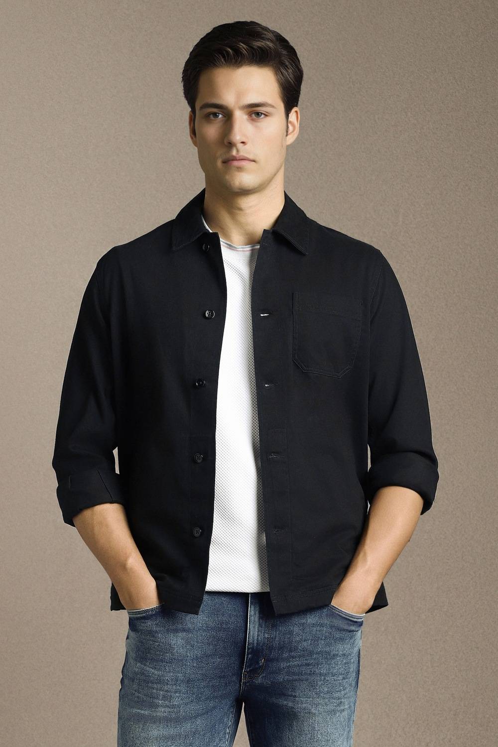 Men Casual Black Solid Shacket