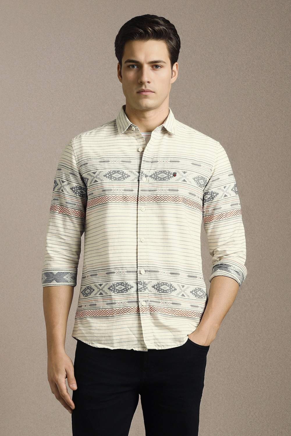 Men Beige Stripe Full Sleeves Casual Shirt