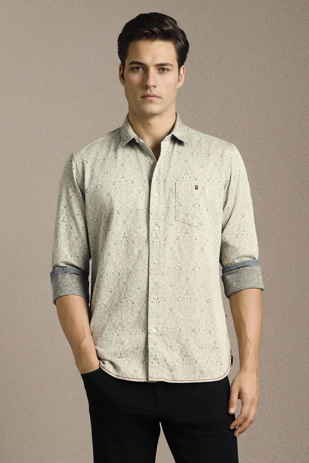 Men Grey Print Full Sleeves Casual Shirt