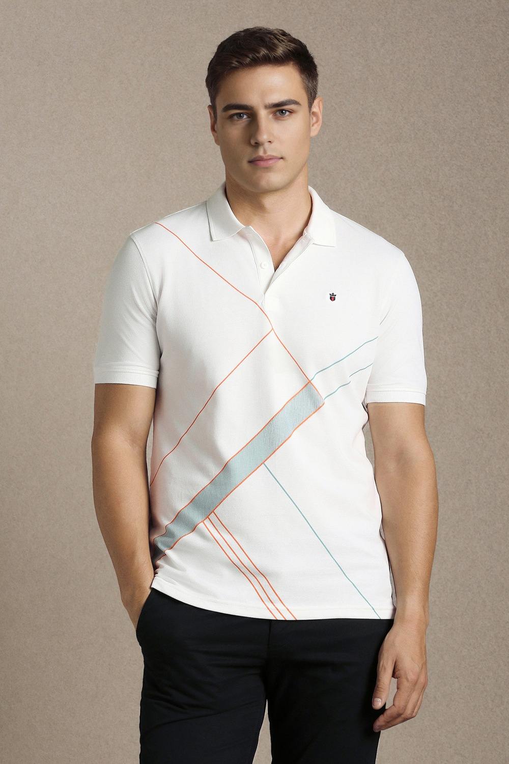 Men White Patterned Polo Neck T-shirt