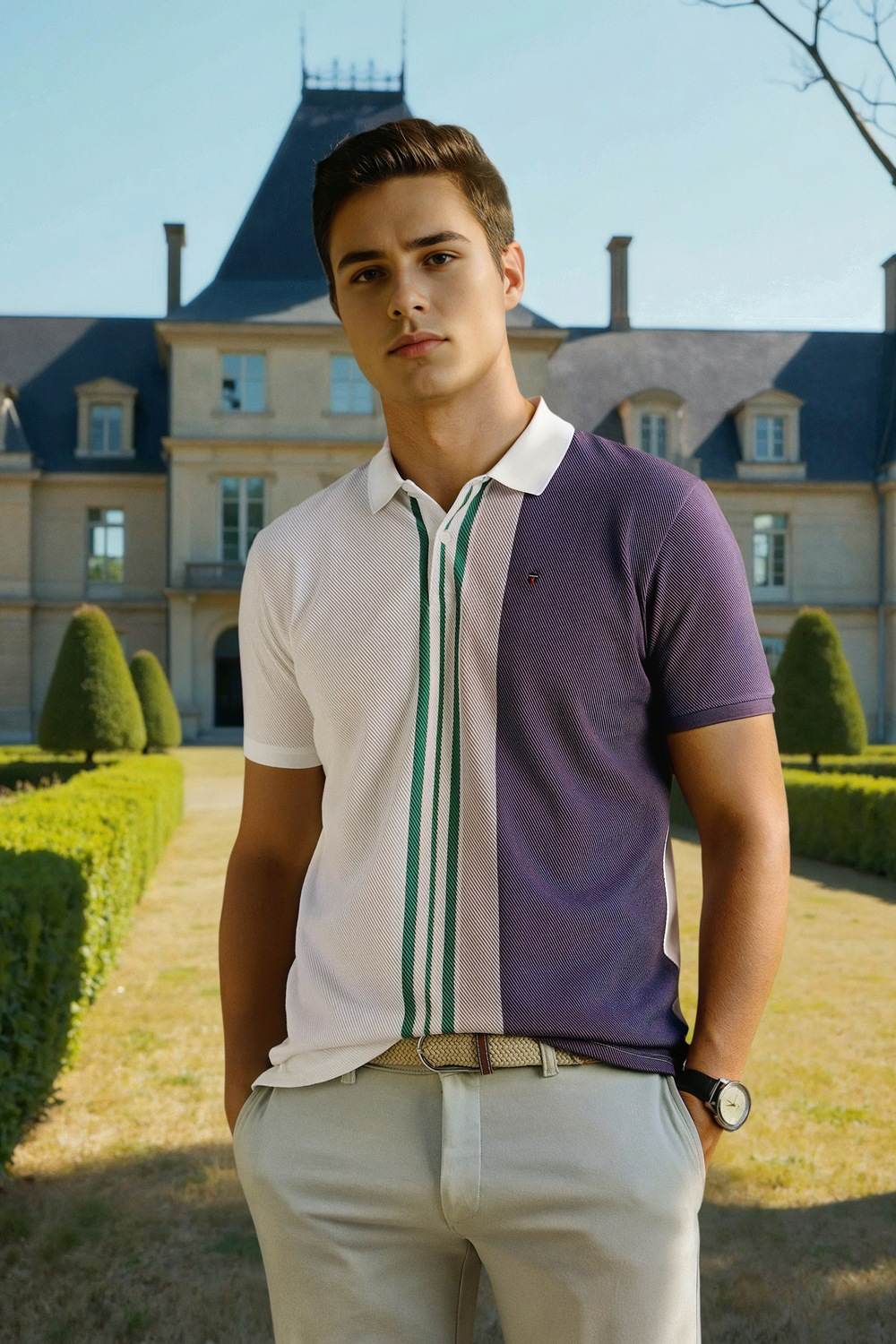 Men White Stripe Polo Neck T-shirt