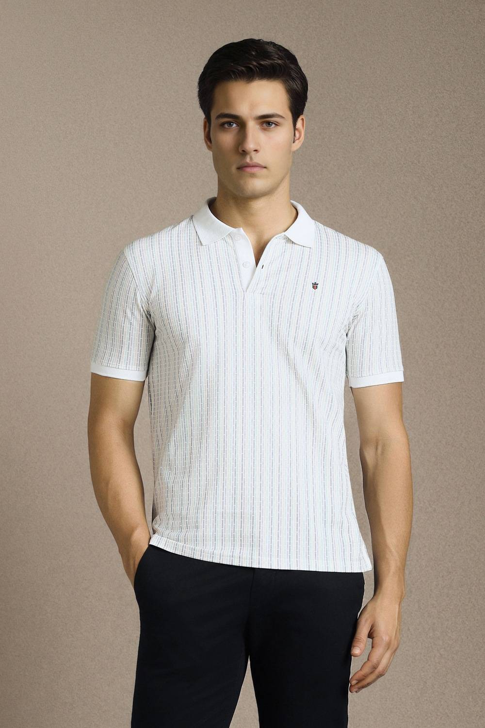 Men White Stripe Polo Neck T-shirt