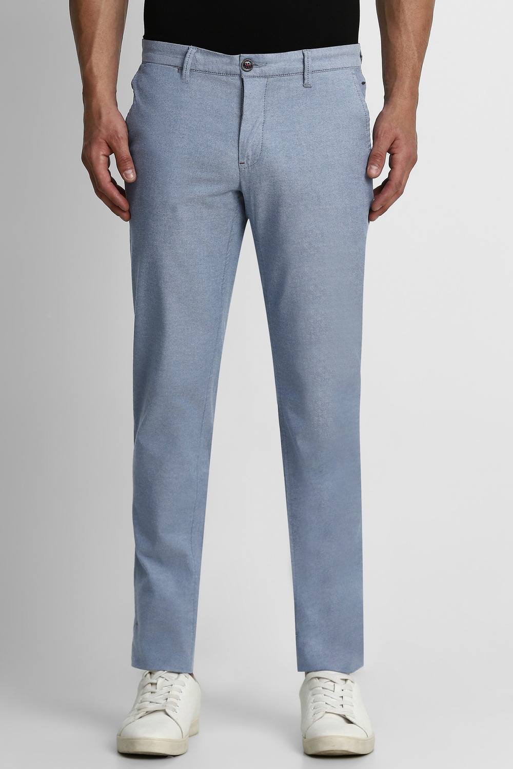 Men Blue Slim Fit Textured Flat Front Casual Trousers