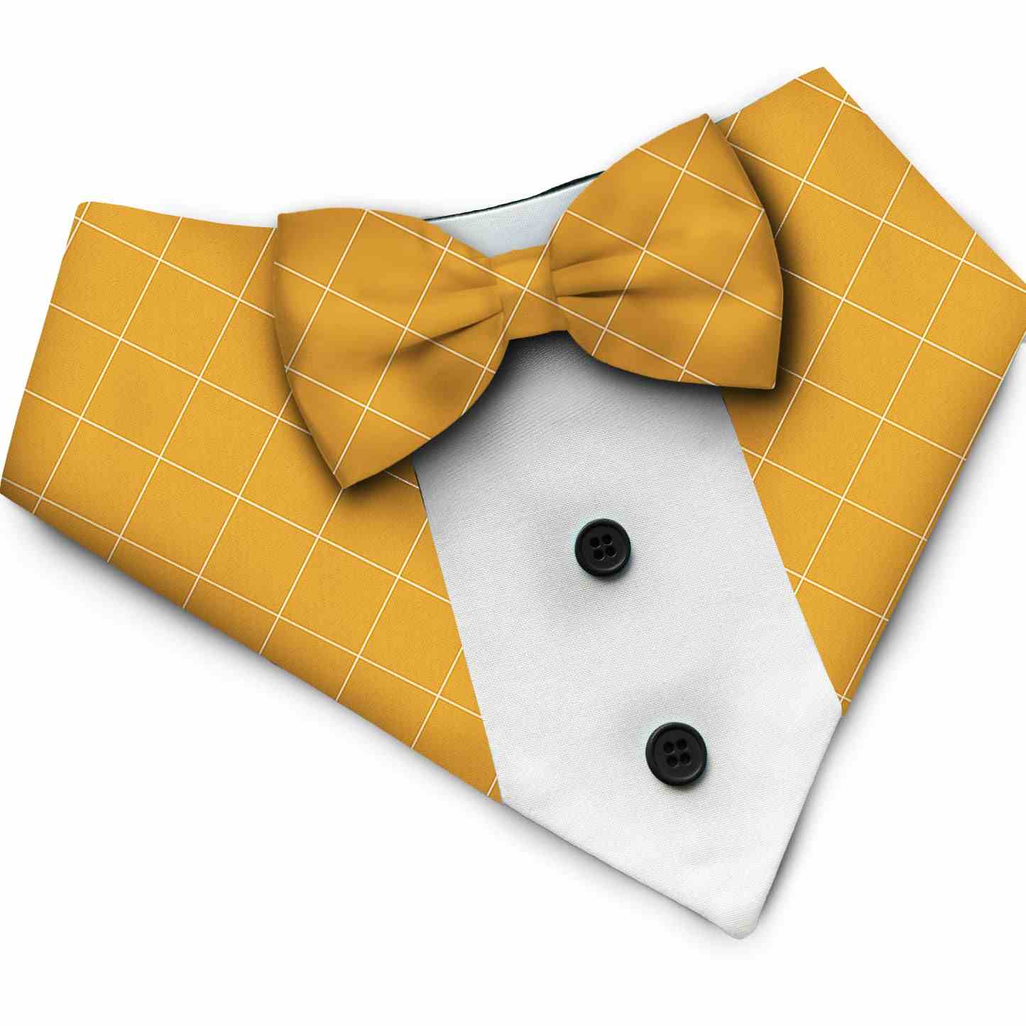 PawsIndia Mustard  Checks Pattern Tuxedo Bandana with Matching Bow for Pets