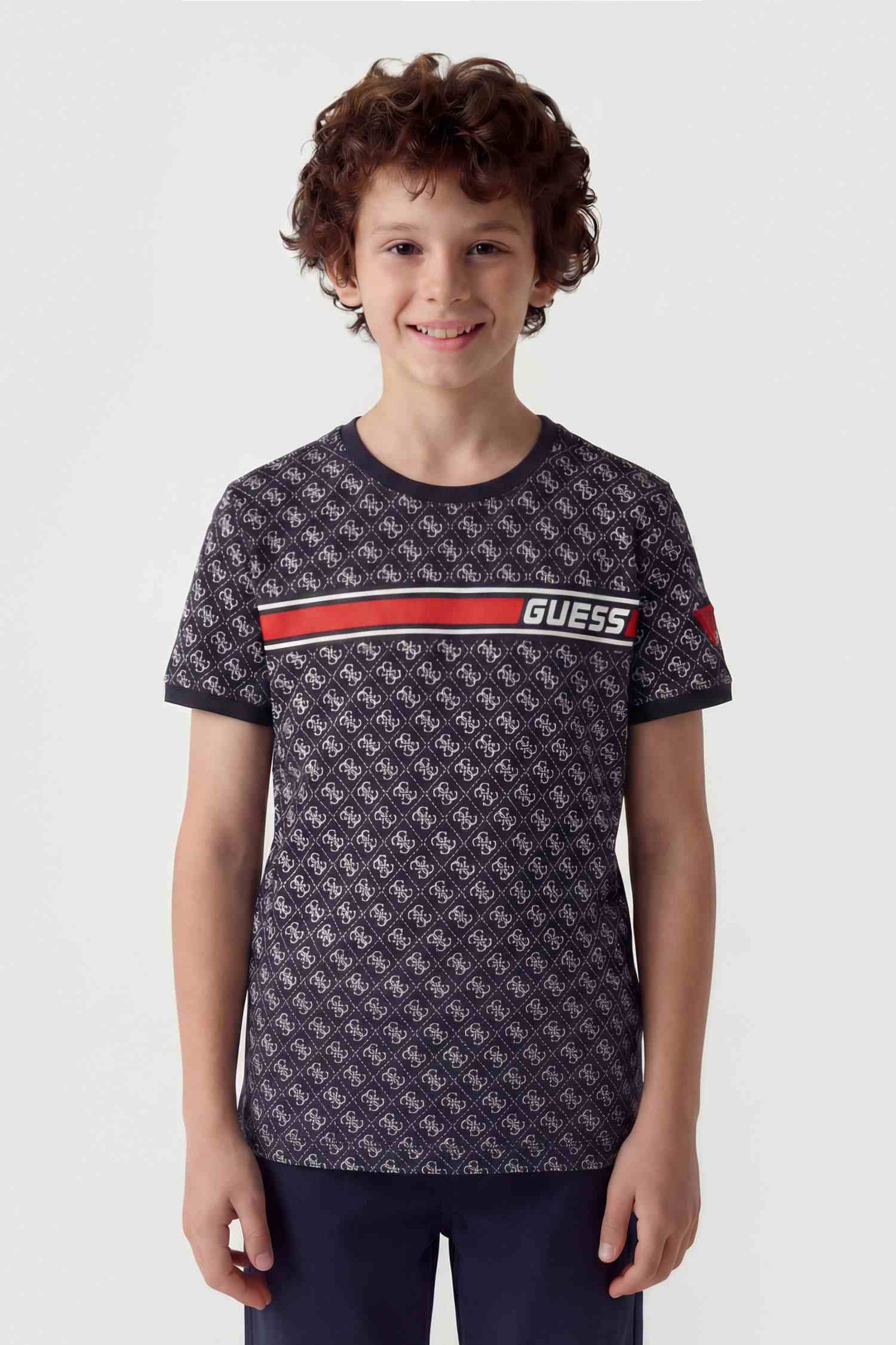 Guess Kids Boys Black Round Neck Short Sleeve Regular T-Shirts