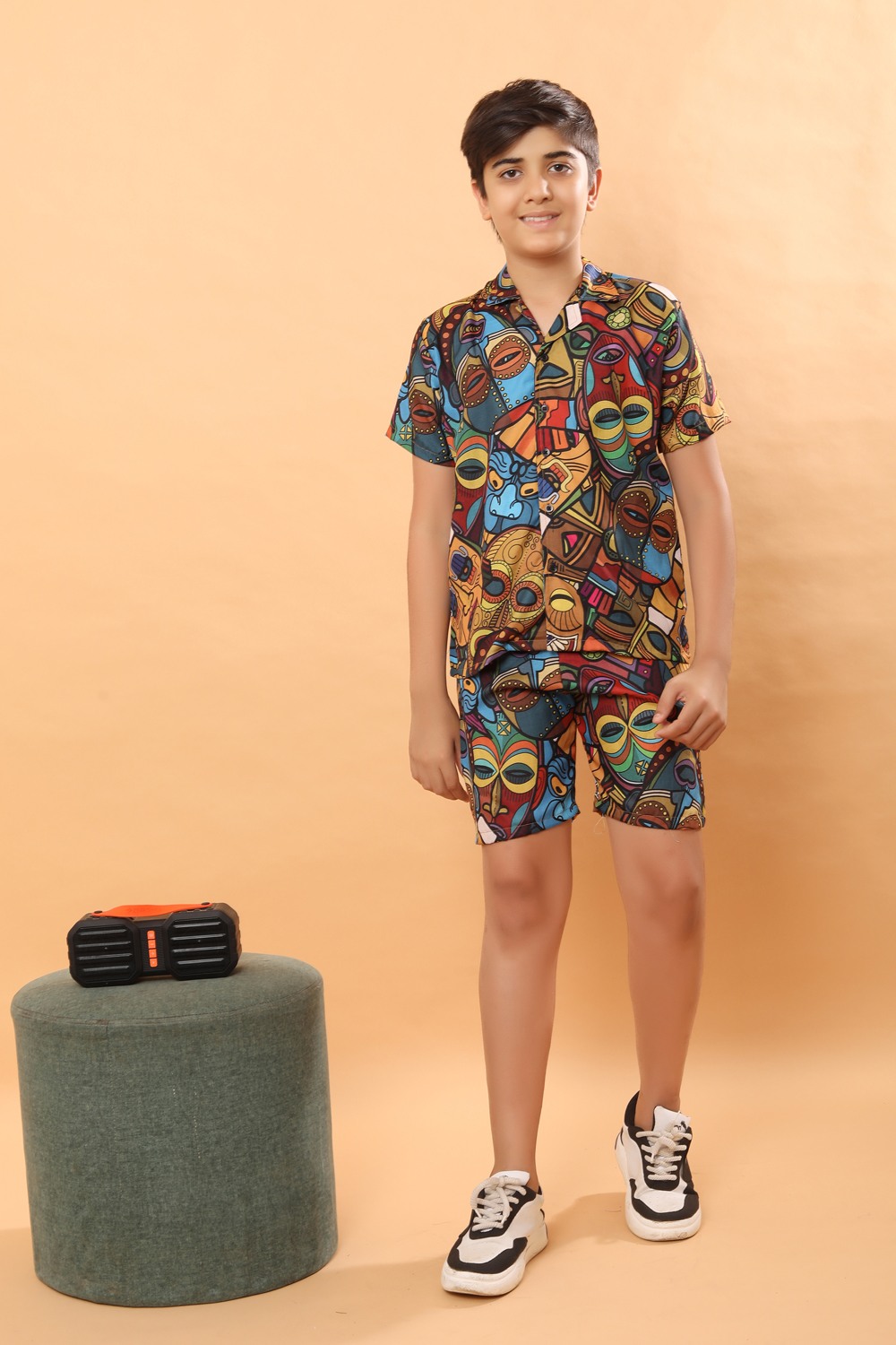 Ninos Dreams Boys Cotton Linen Rayon Halfsleeves Coord Set with Shirt & Shorts Vodoo Print- Brown