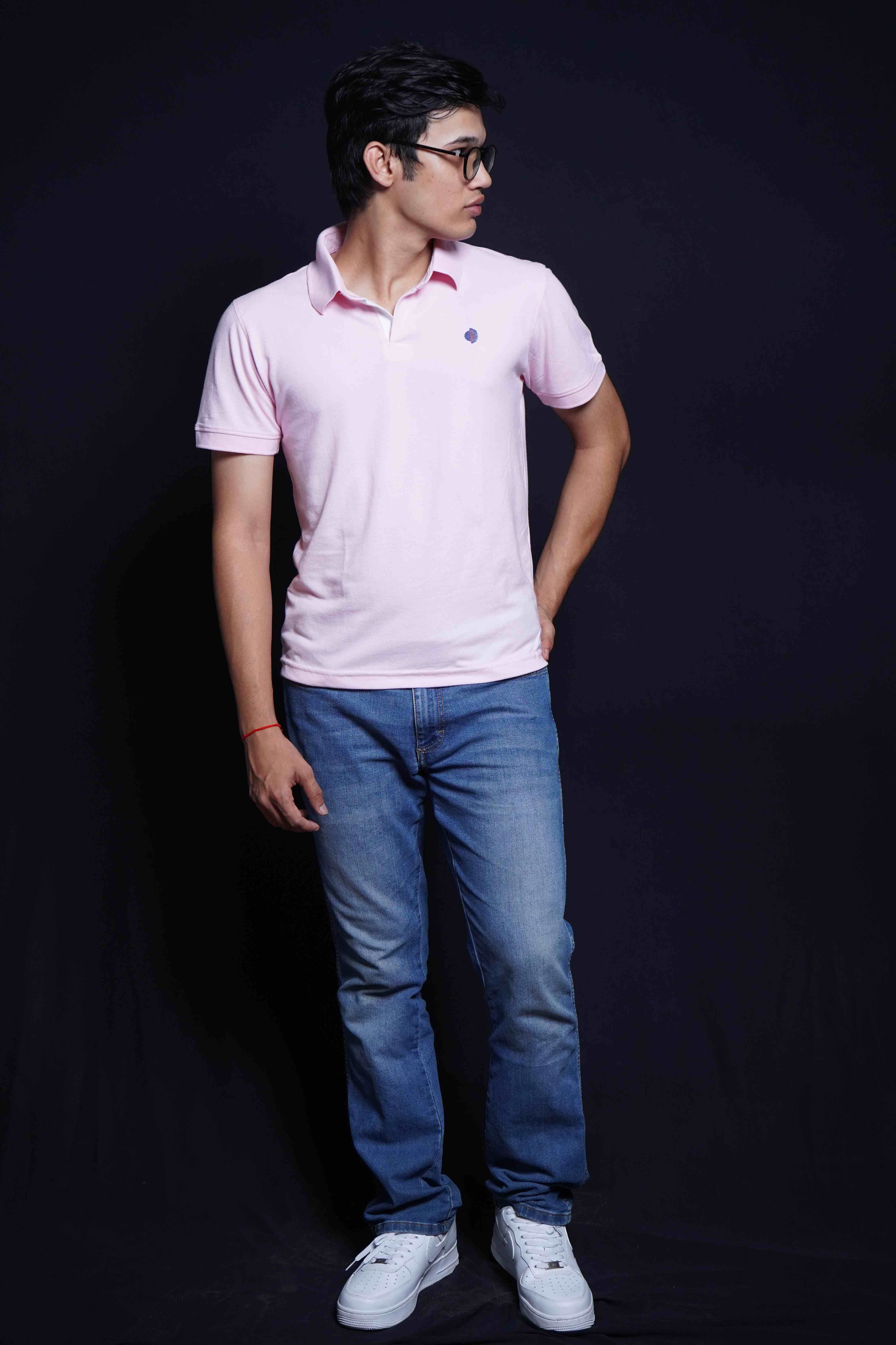 One Denim Delicate Light Pink Plain Polo Neck Cotton T-Shirt