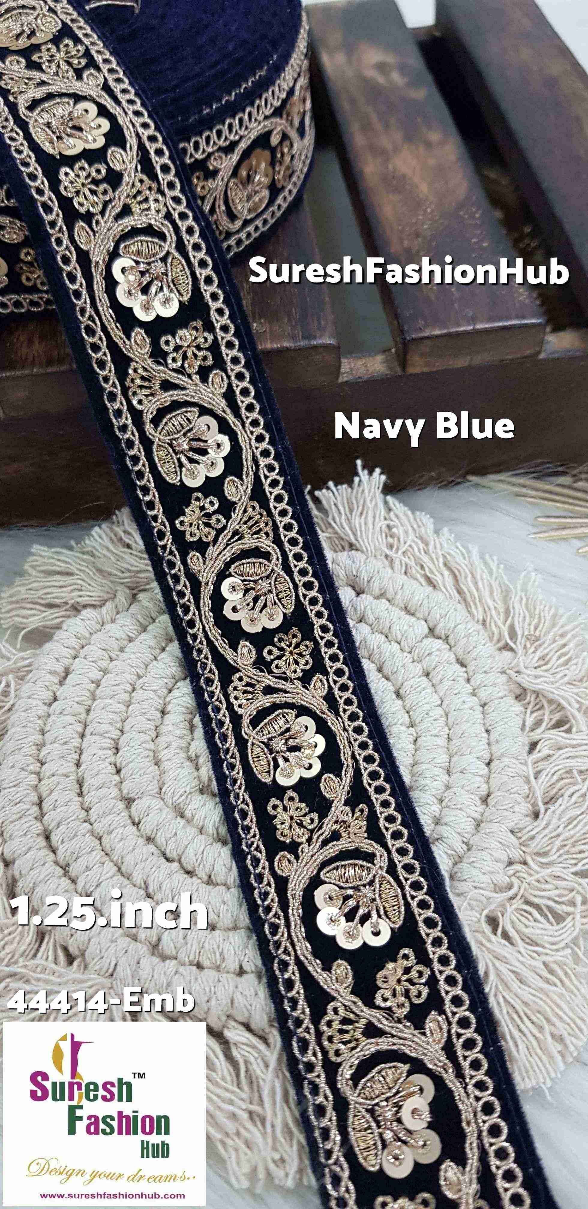 Floral Navy Blue Velvet Sequin Border